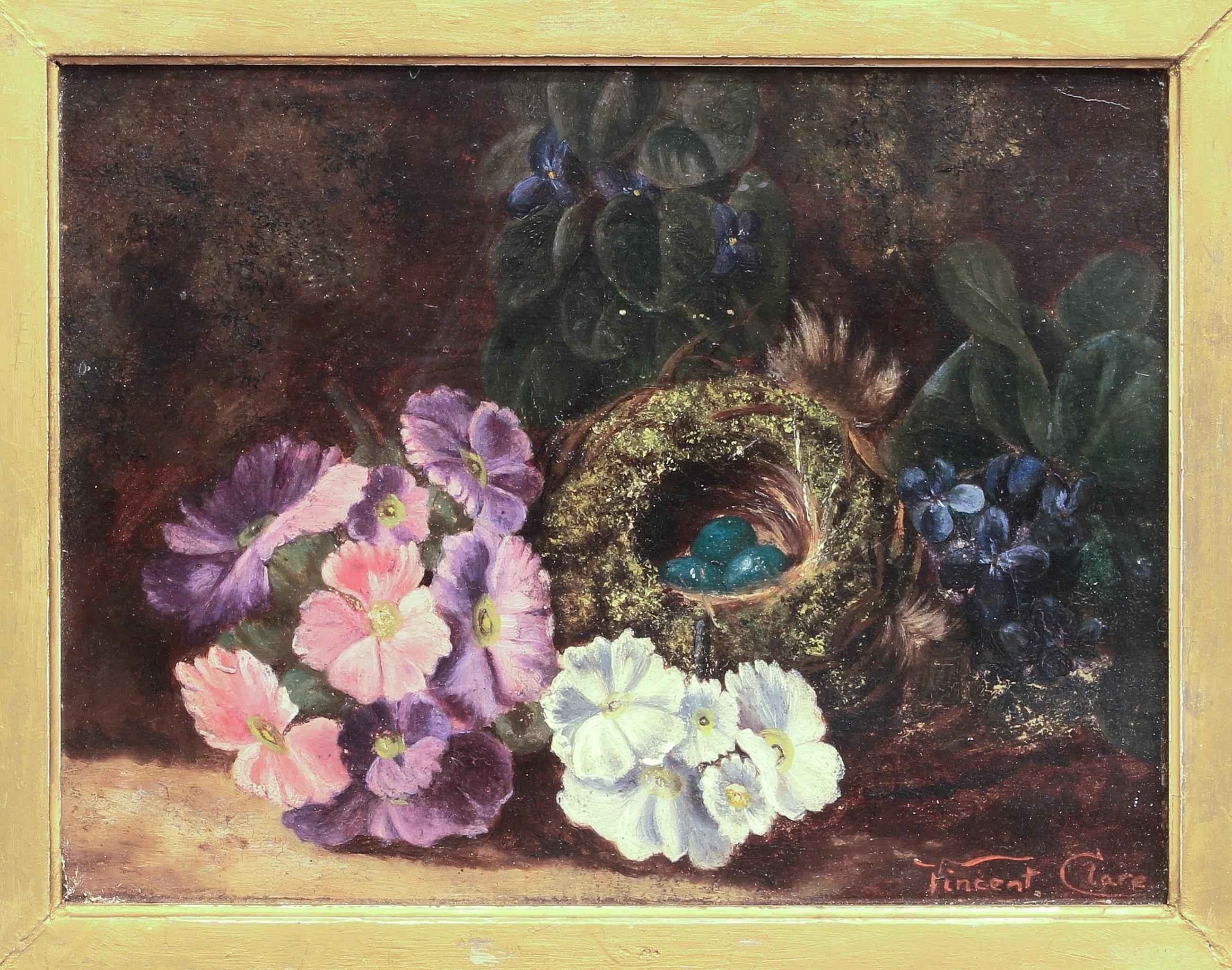 Victorian vintage art by Vincent Clare - Oil Composition with flowers and a nest For Sale 3