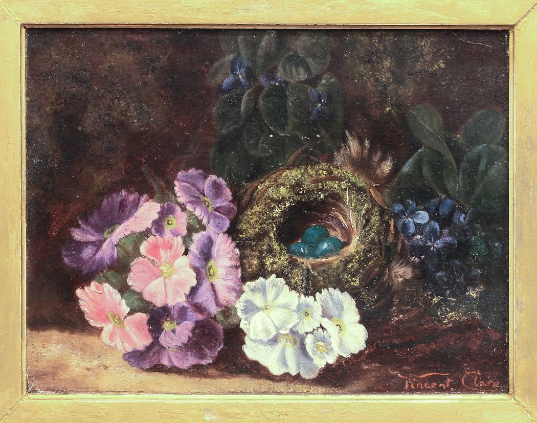 Victorian vintage art by Vincent Clare - Oil Composition with flowers and a nest For Sale 1
