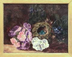 Arte vintage victoriano de Vincent Clare - Composición al óleo con flores y un nido