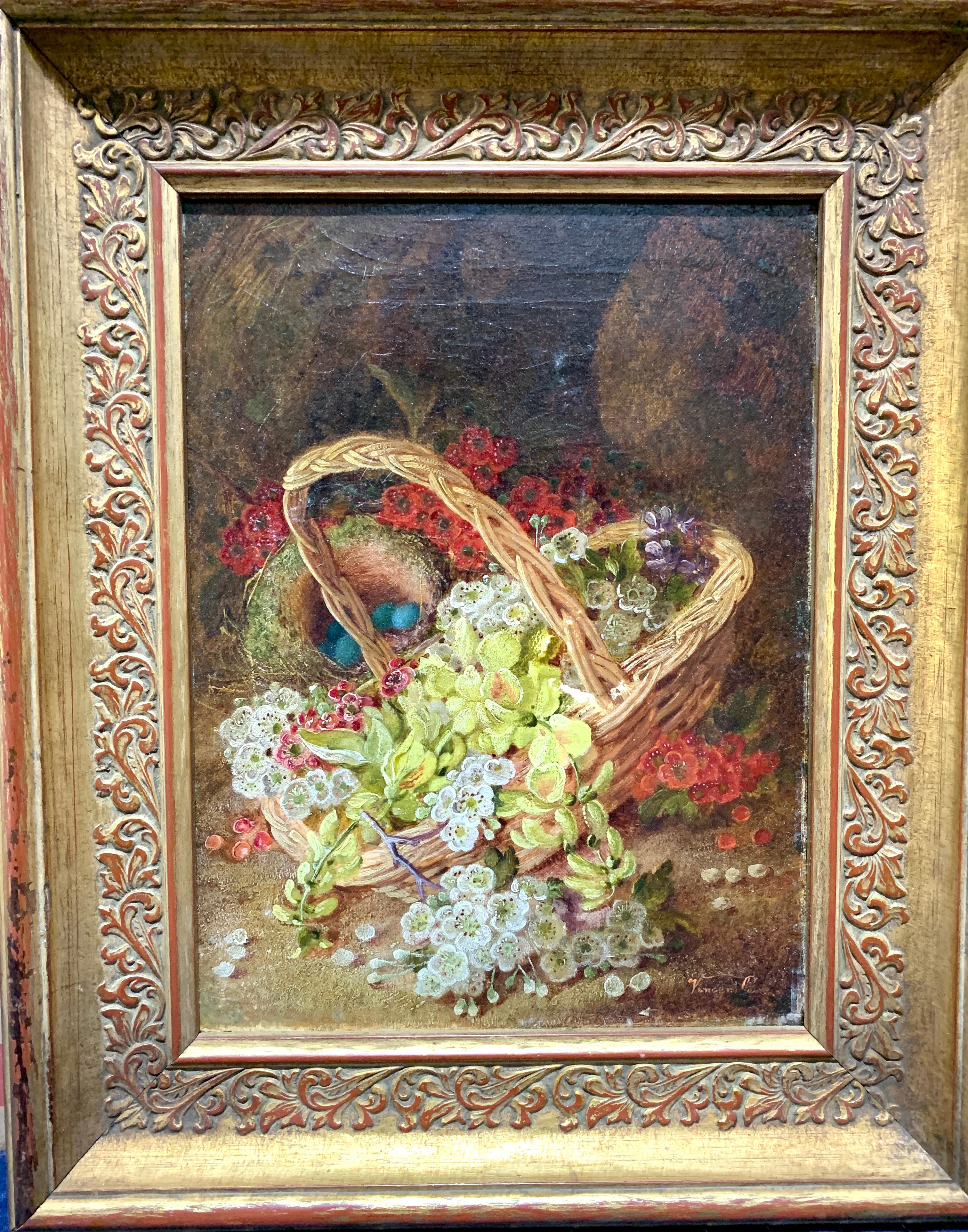 English still life Flowers and birds nest by a Basket on a moss bank - Painting by Vincent Clare