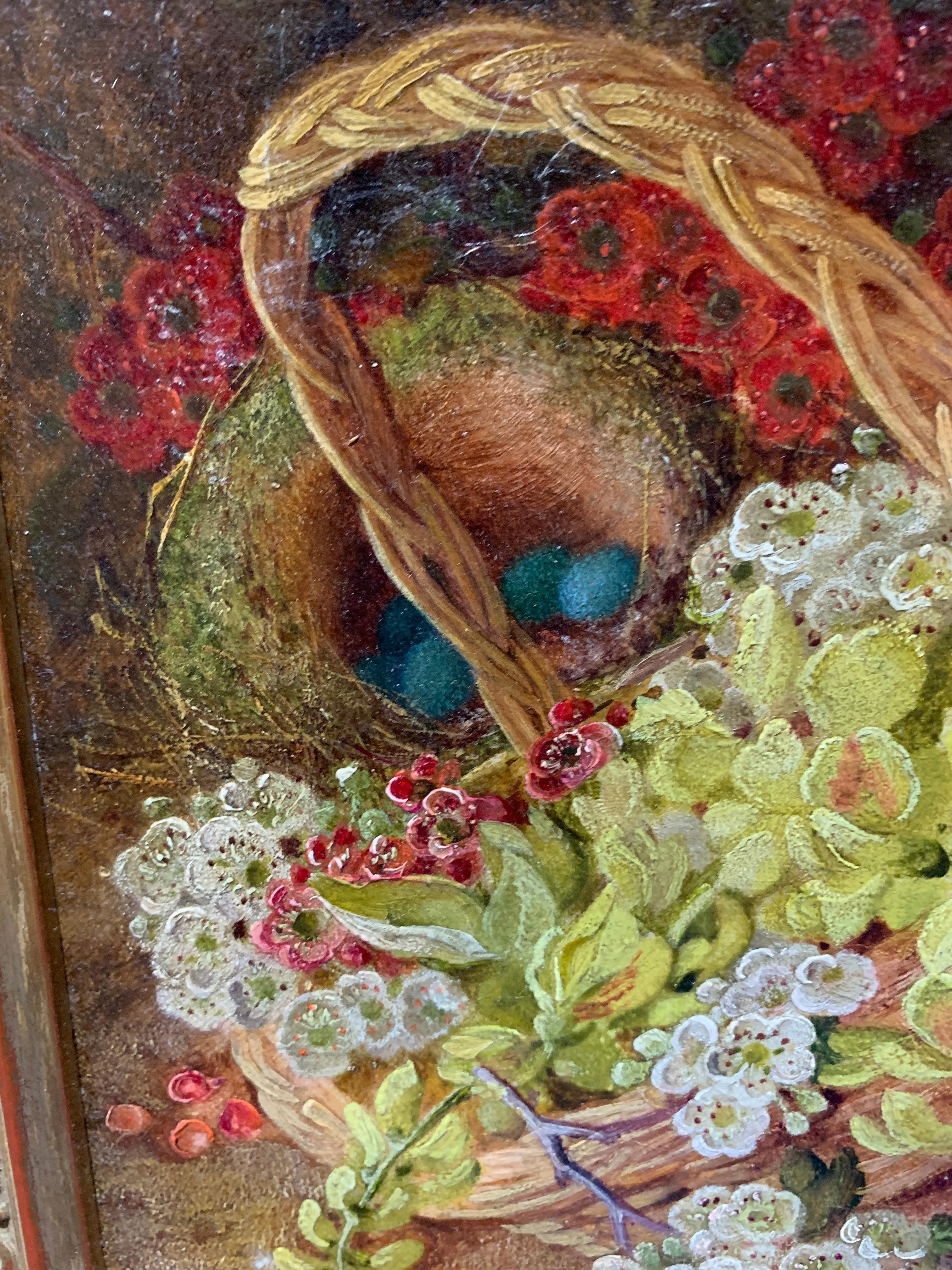 English still life Flowers and birds nest by a Basket on a moss bank - Victorian Painting by Vincent Clare