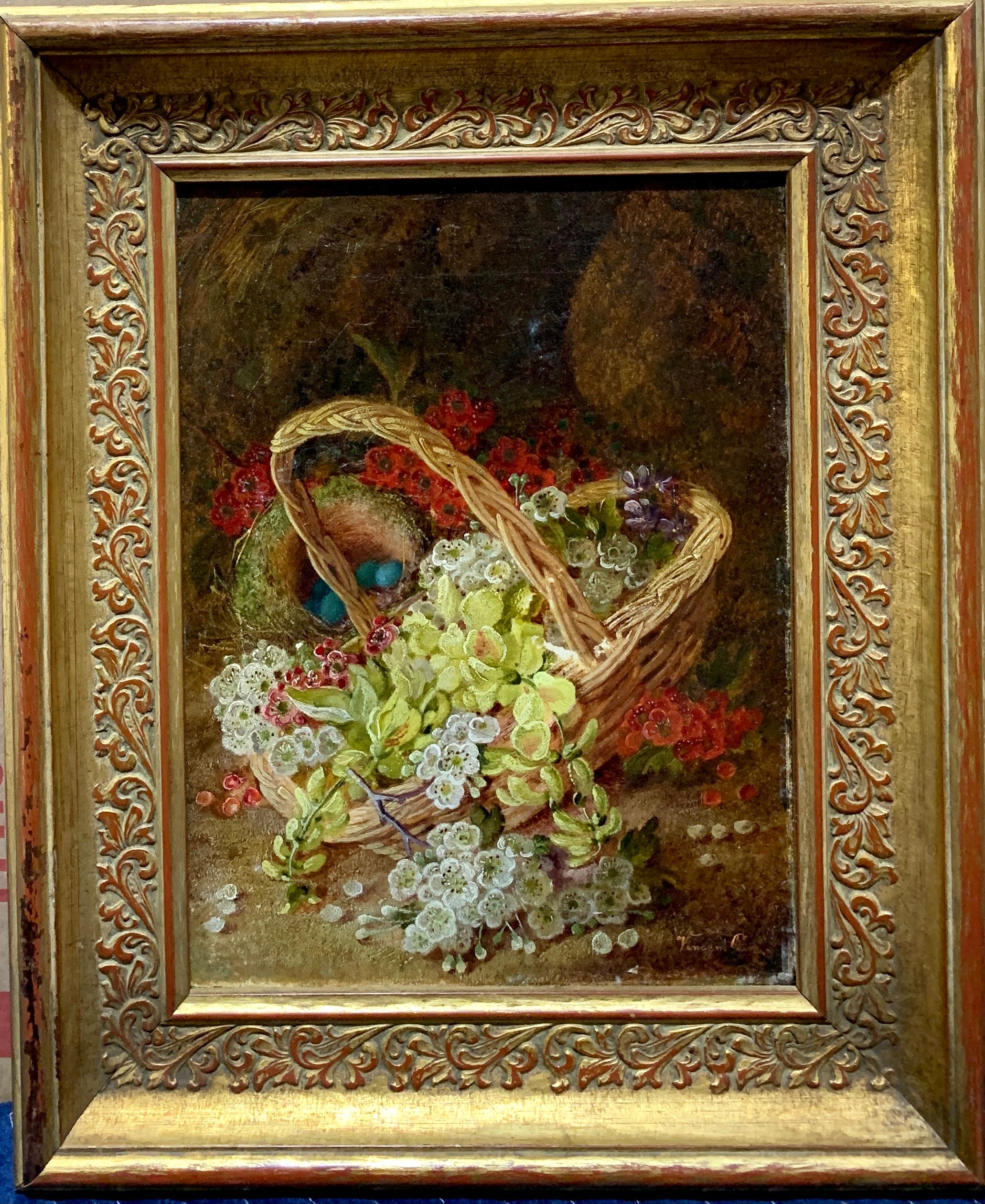 Vincent Clare Still-Life Painting - English still life Flowers and birds nest by a Basket on a moss bank