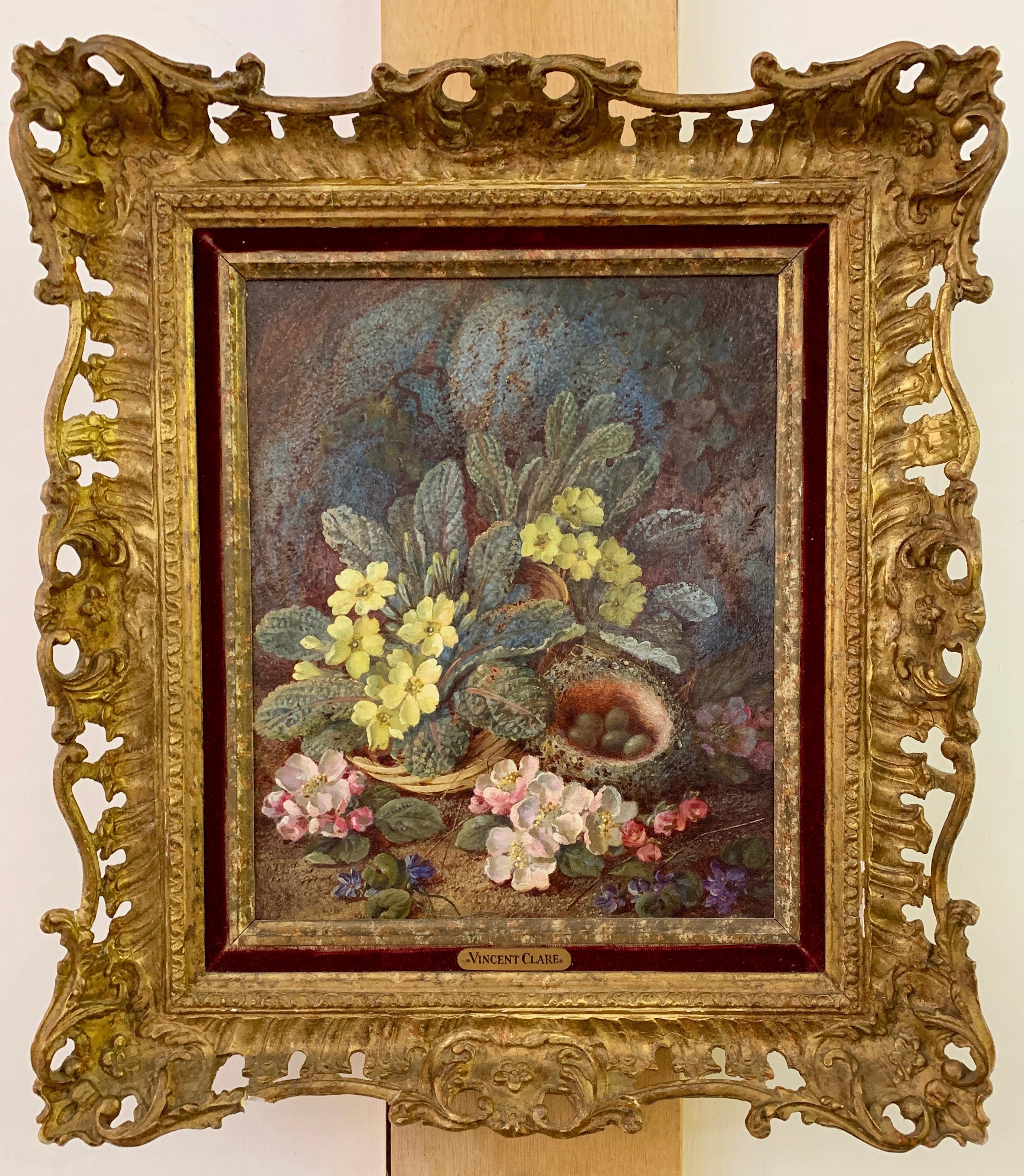 Vincent Clare Landscape Painting - English Flowers and Birds nest with birds eggs on a mossy bank