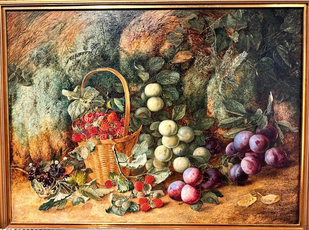 Quadro d'arte vintage di Vincent Clare - Grande composizione di frutta ad olio su tela in vendita 1