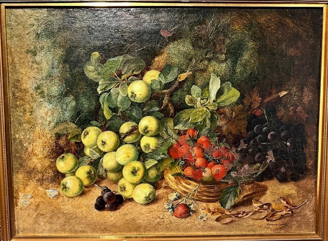 Arte vintage de composición de frutas de Vincent Clare.  Óleo sobre lienzo enmarcado
