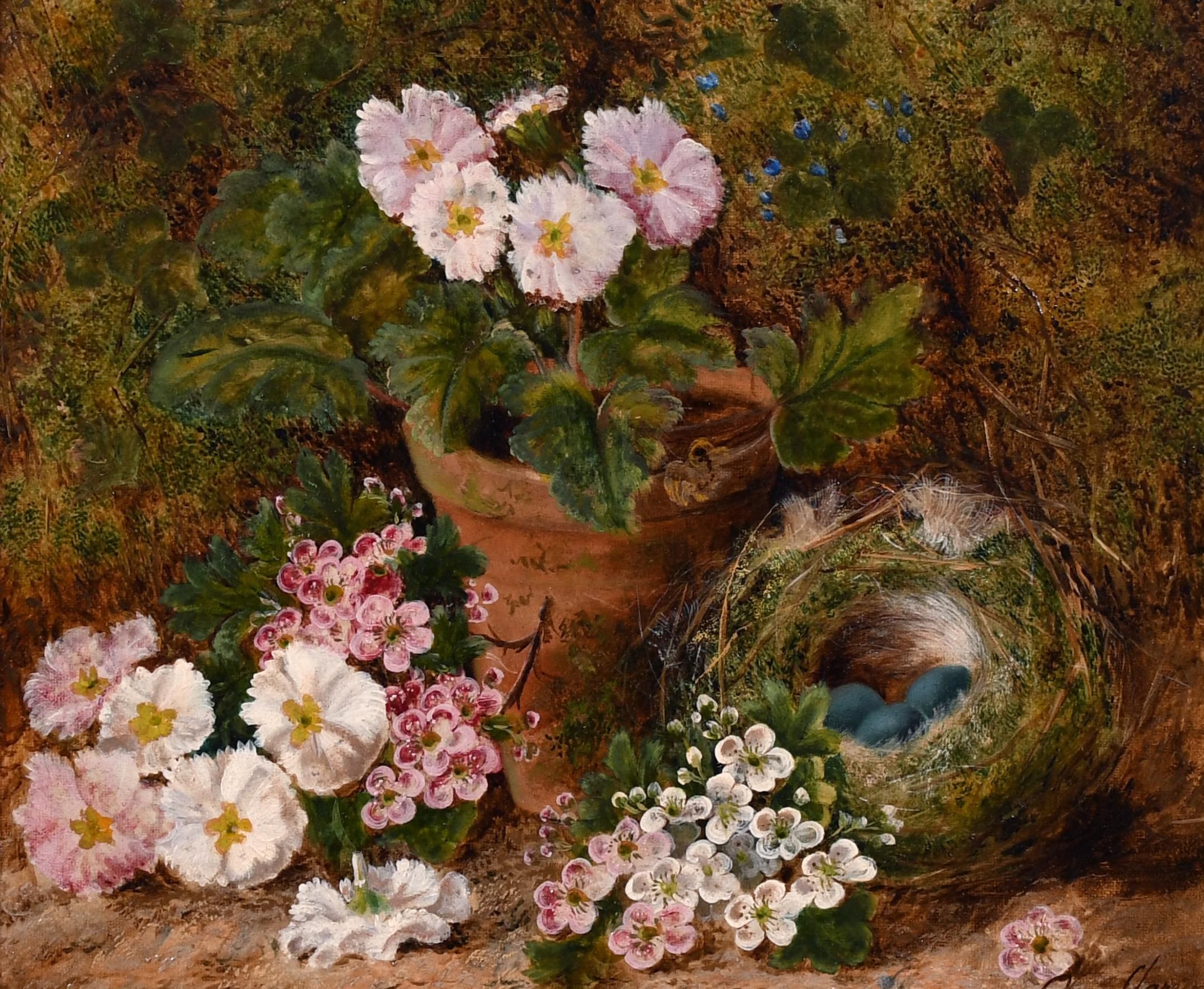 Still life of Bird's Nest and Flowers on a Mossy Bank - Painting by Oliver Clare