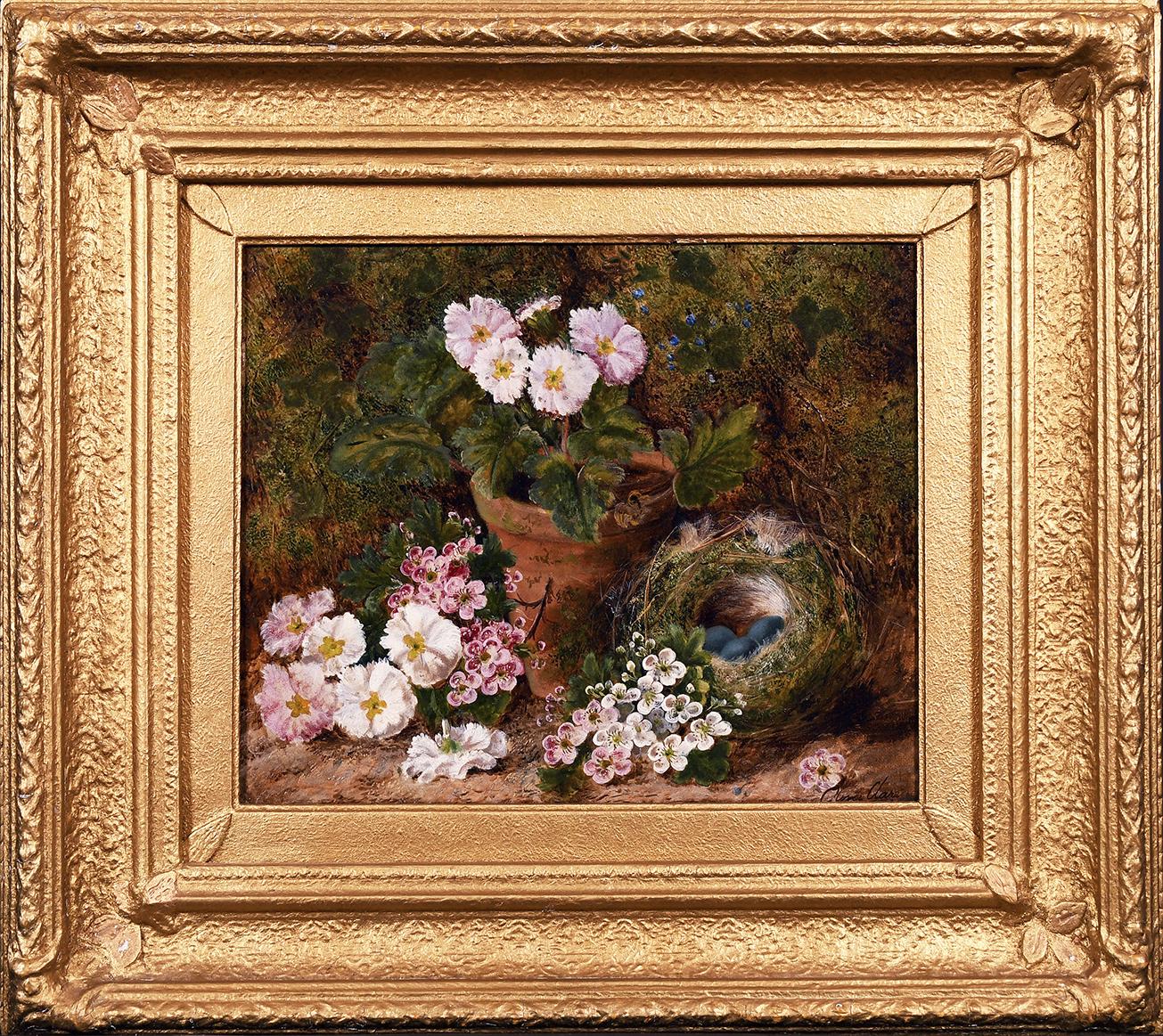 Oliver Clare Still-Life Painting - Still life of Bird's Nest and Flowers on a Mossy Bank