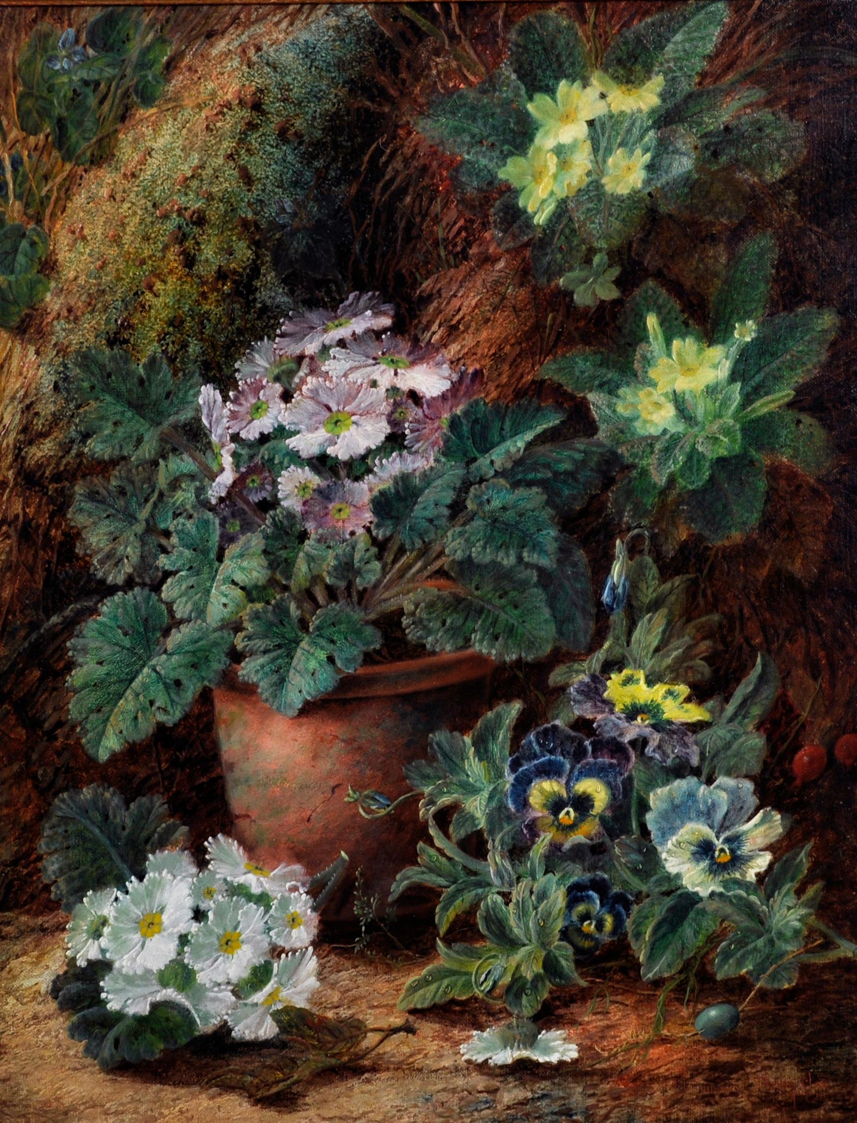 Blumenleben auf einer moosbewachsenen Bank – Painting von Vincent Clare