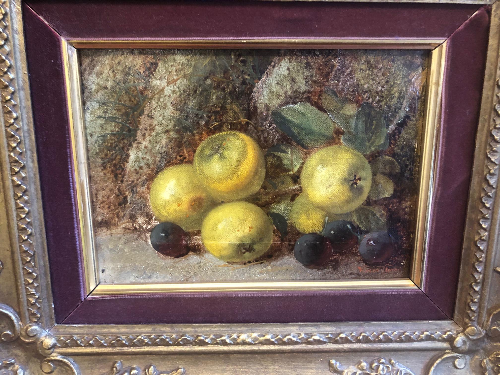 Still Life with Apples and Plums small original oil painting in period frame