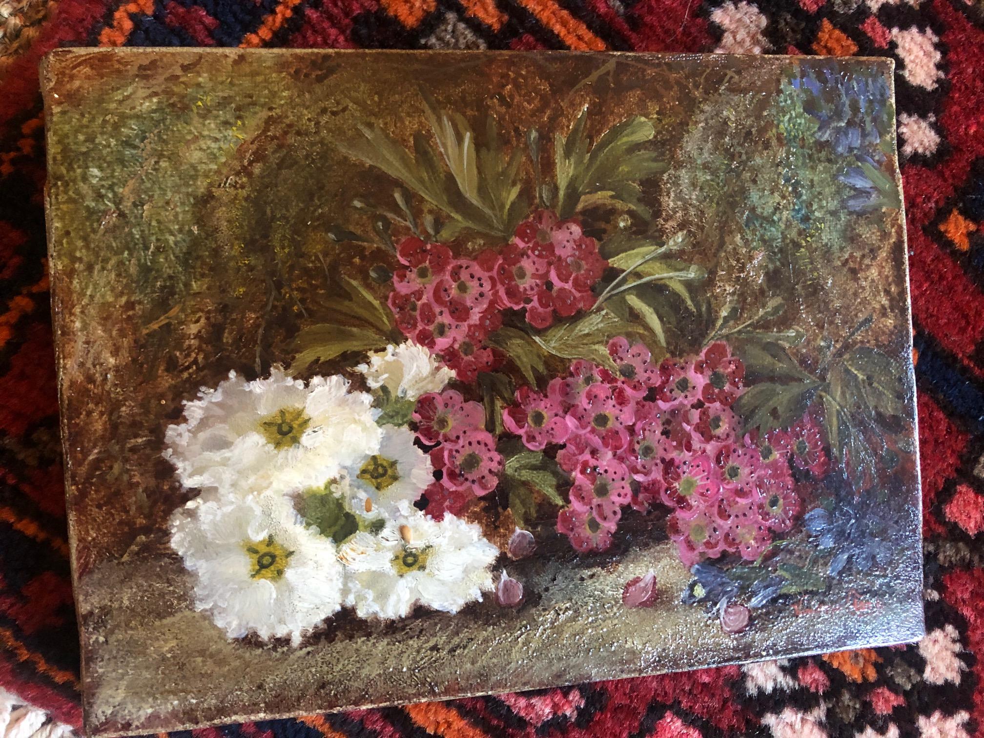 Still Life with Flowers and Fauna small oil painting in period frame 1 of a pair - Painting by Vincent Clare