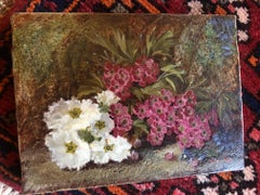 Victorian Still Life with Flowers and Fauna Small Oil Painting one of a pair.