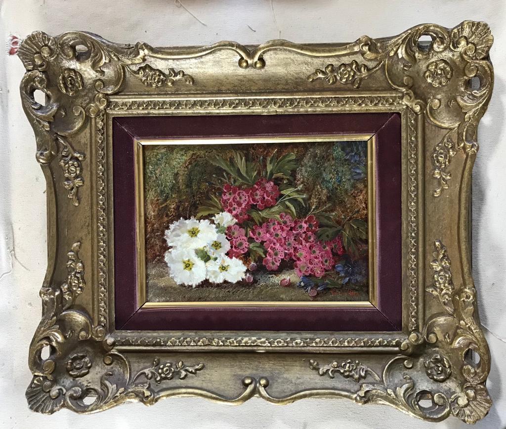 Vincent Clare Still-Life Painting – Stillleben mit Blumen und Fauna, kleines Ölgemälde in Rahmen, 1 von einem Paar