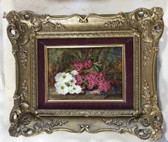Antique Still Life with Flowers and Fauna small oil painting in period frame 1 of a pair