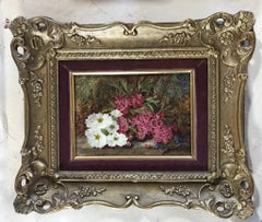 Natura morta vittoriana con fiori e fauna Piccolo dipinto a olio, uno di una coppia.