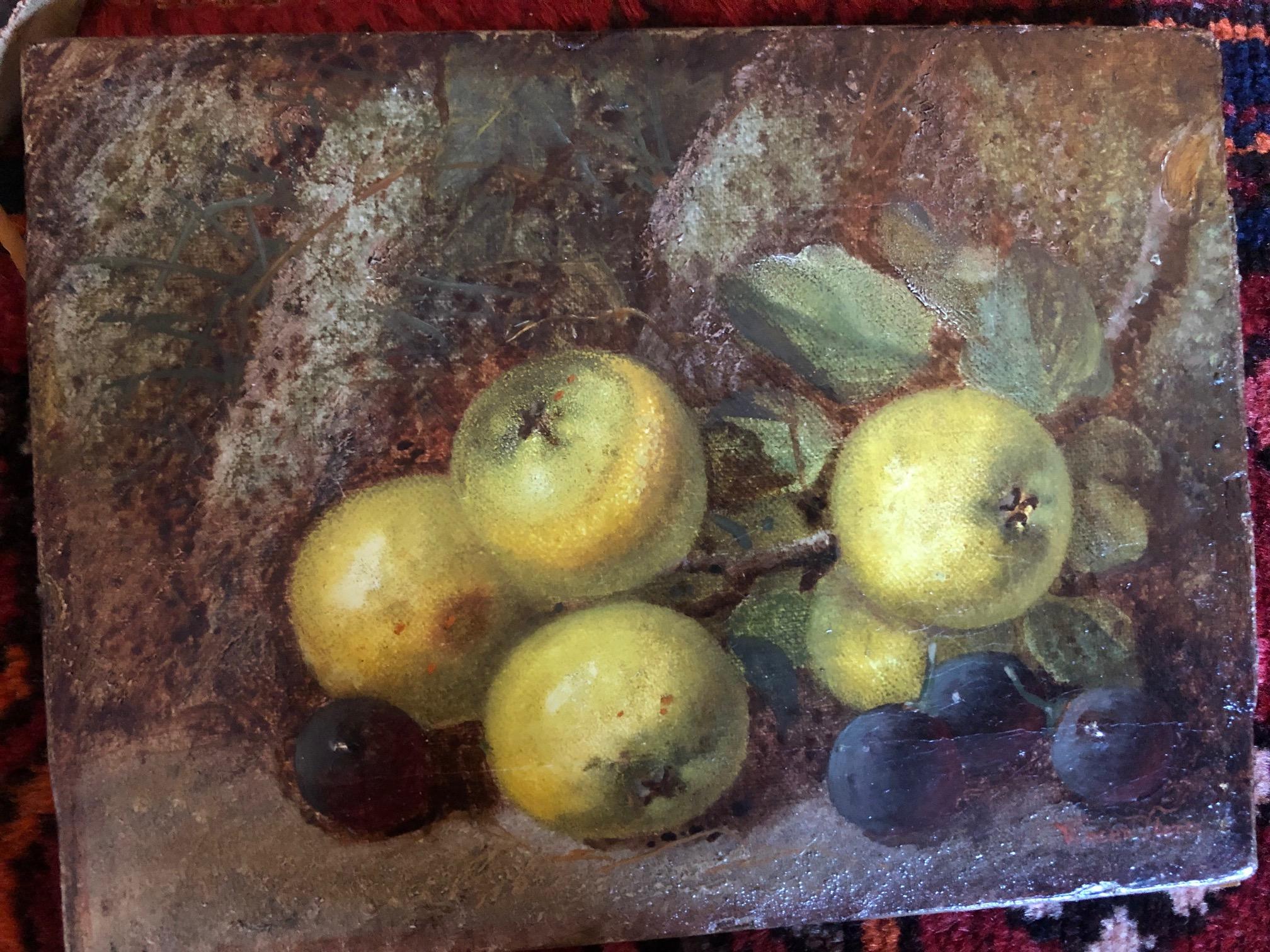 Still Life with Fruit - small oil painting of apples and fruit 1 of pair, framed - Painting by Vincent Clare