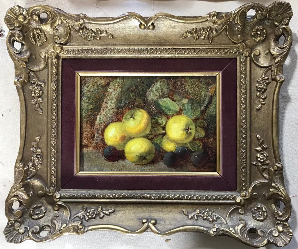 Still Life with Fruit - small oil painting of apples and fruit 1 of pair, framed For Sale 4