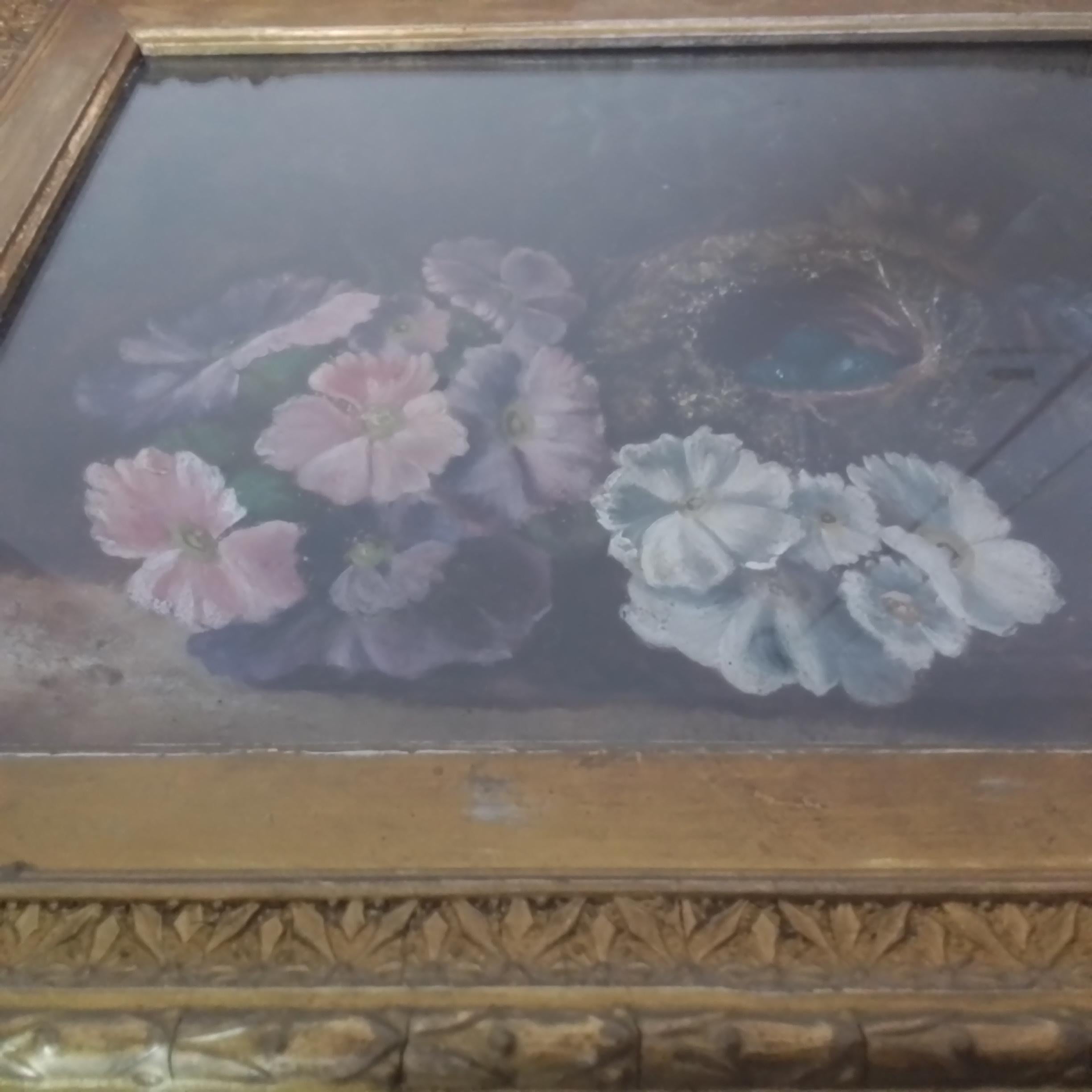 Victorian vintage art by Vincent Clare - Oil Composition with flowers and a nest For Sale 12