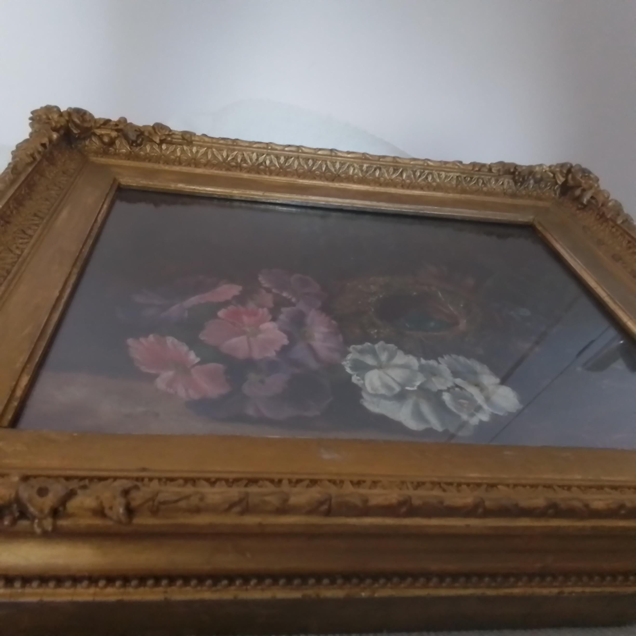 Victorian vintage art by Vincent Clare - Oil Composition with flowers and a nest For Sale 4