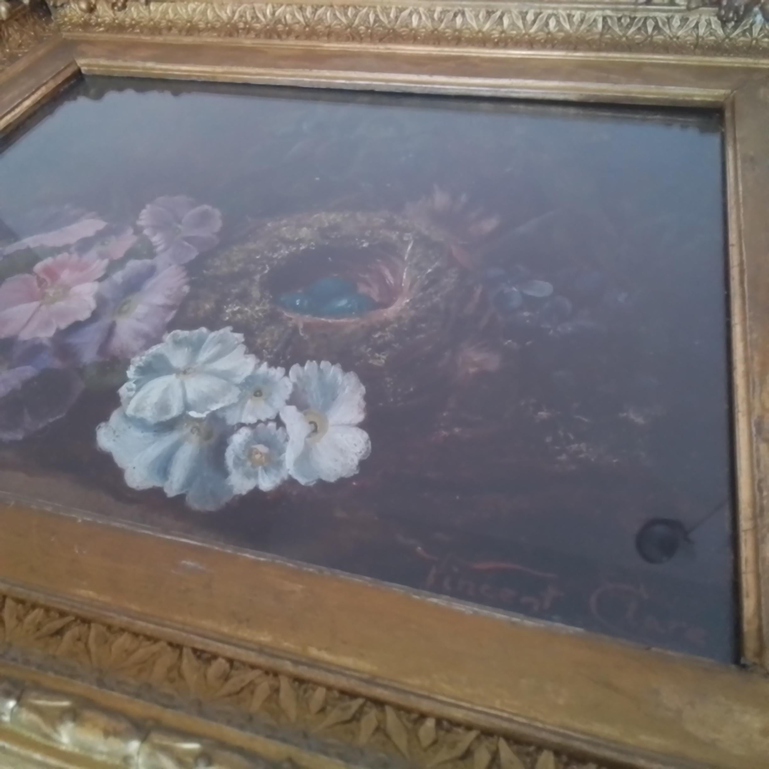 Victorian vintage art by Vincent Clare - Oil Composition with flowers and a nest For Sale 5