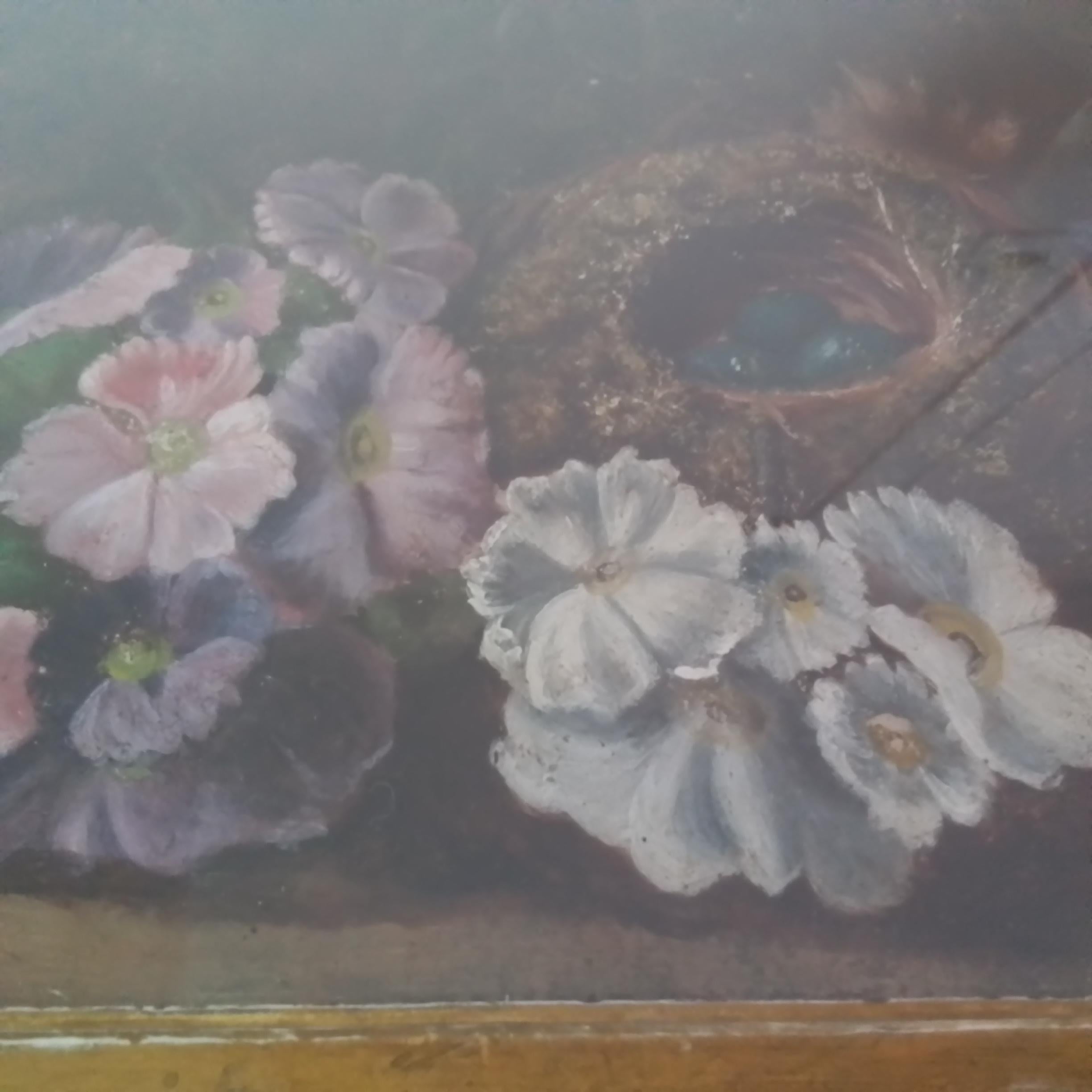 Victorian vintage art by Vincent Clare - Oil Composition with flowers and a nest For Sale 6