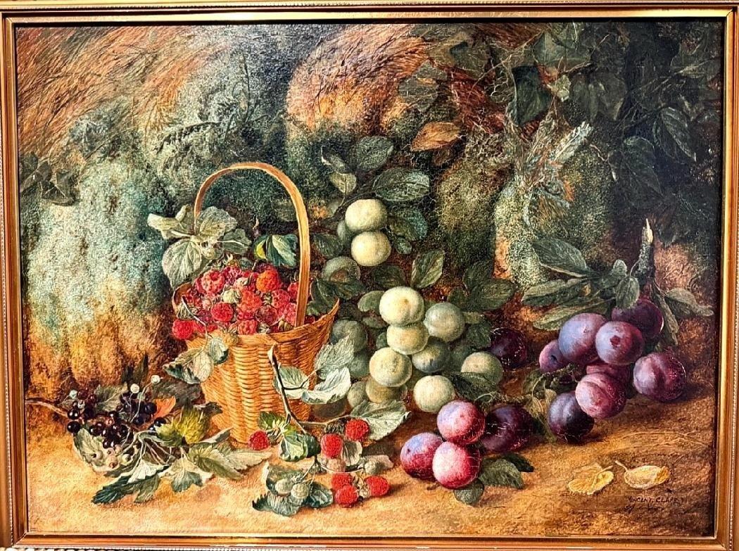 Vincent Clare. Grande composizione di frutta su un banco di muschio, olio su tela, firmato