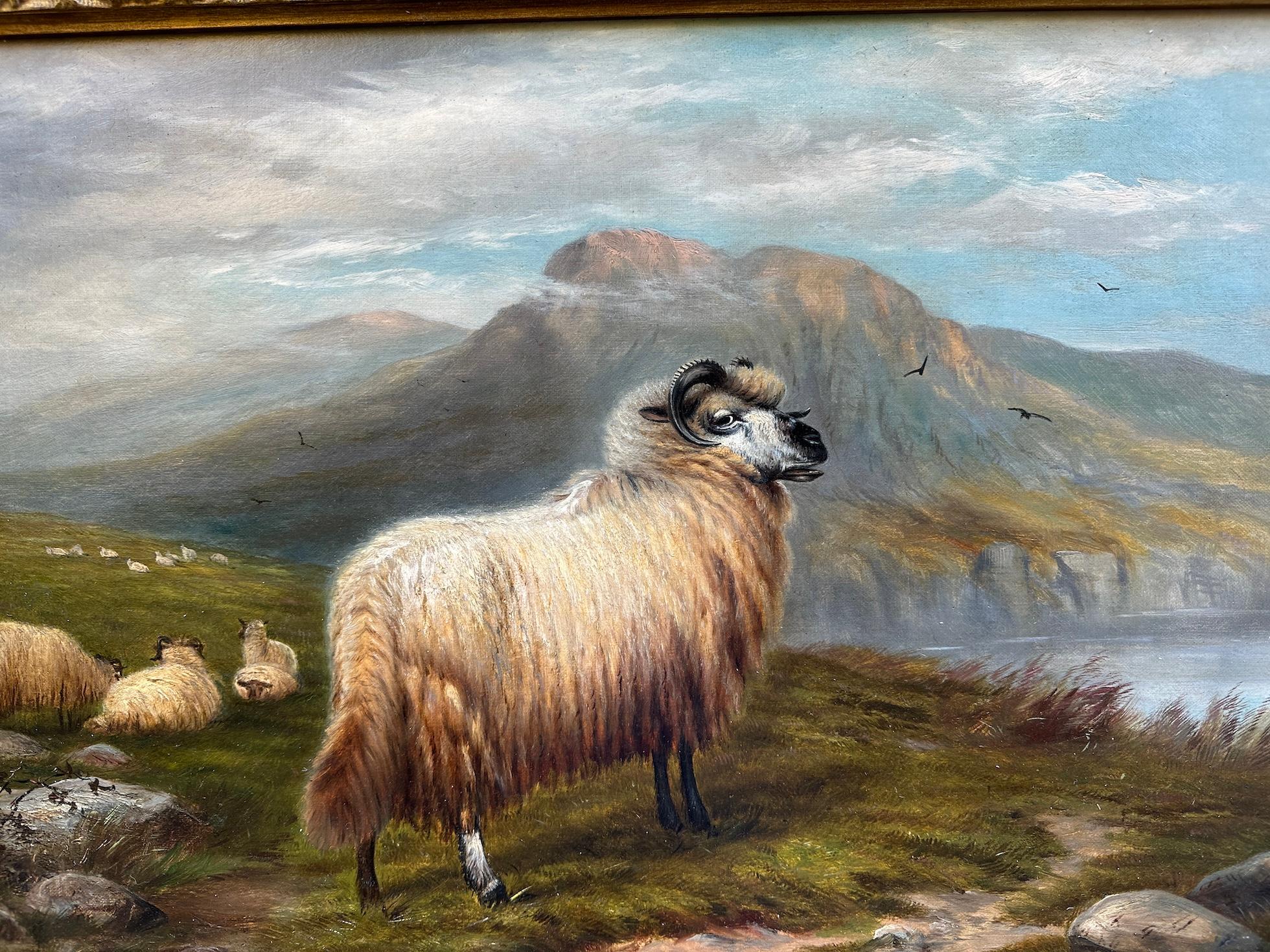 Huile du 19e siècle, moutons écossais des Highlands dans un paysage Highland Lock - Painting de Vincent Collier