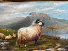 19th century oil Highland Scottish sheep in a Highland Lock Landscape