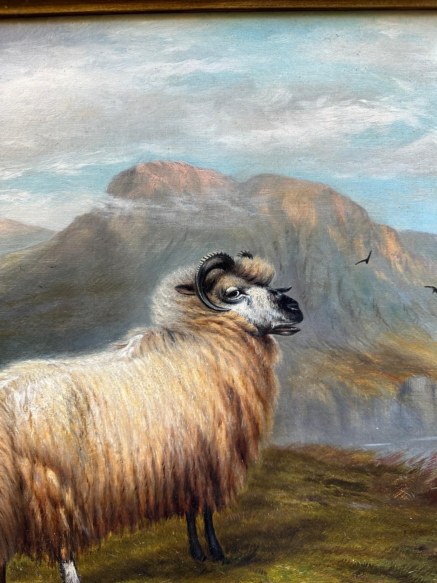 19th century oil Highland Scottish sheep in a Highland Lock Landscape - Victorian Painting by Vincent Collier