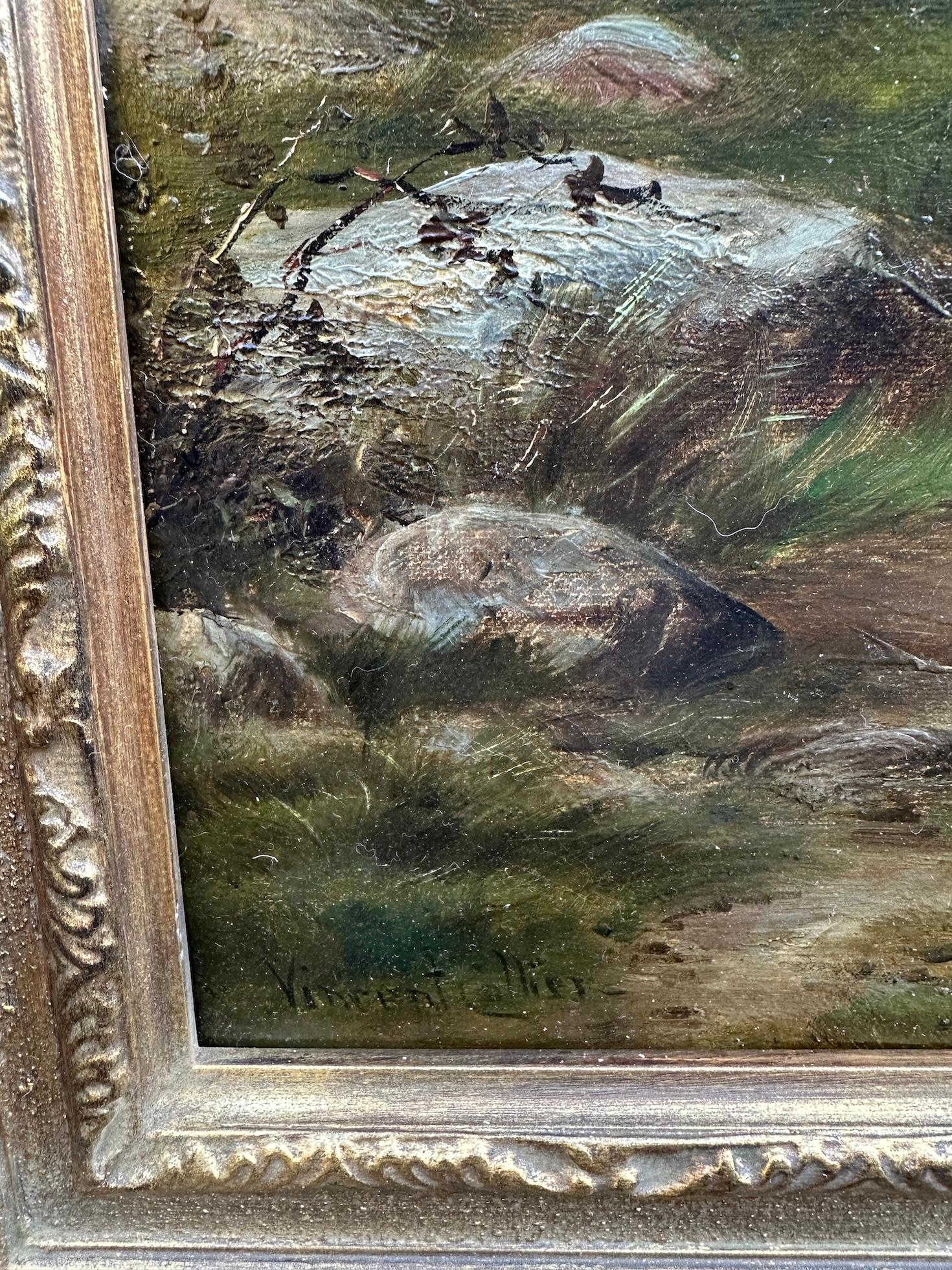 Huile du 19e siècle, moutons écossais des Highlands dans un paysage Highland Lock - Gris Landscape Painting par Vincent Collier