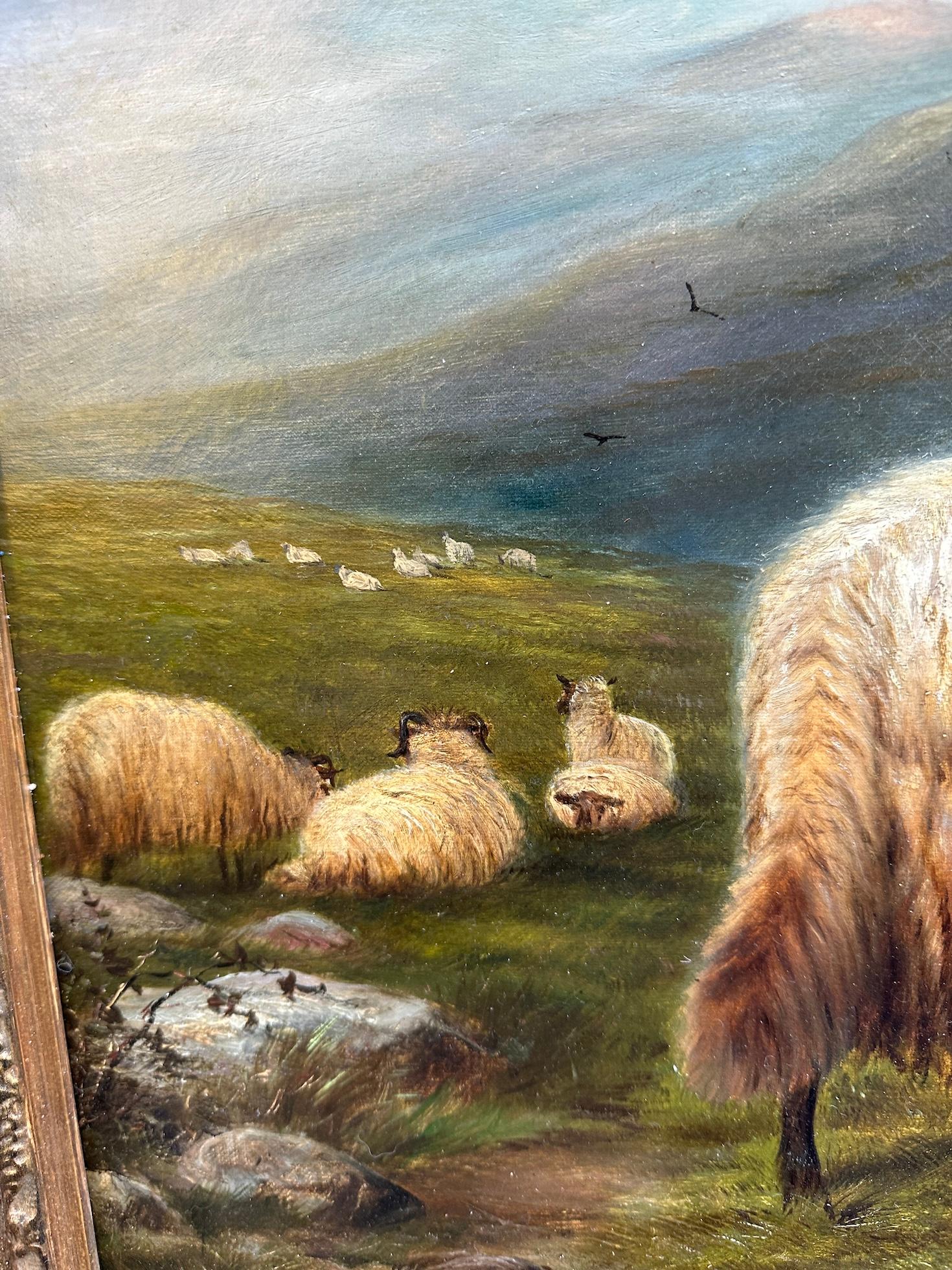 19th century oil Highland Scottish sheep in a Highland Lock Landscape For Sale 1