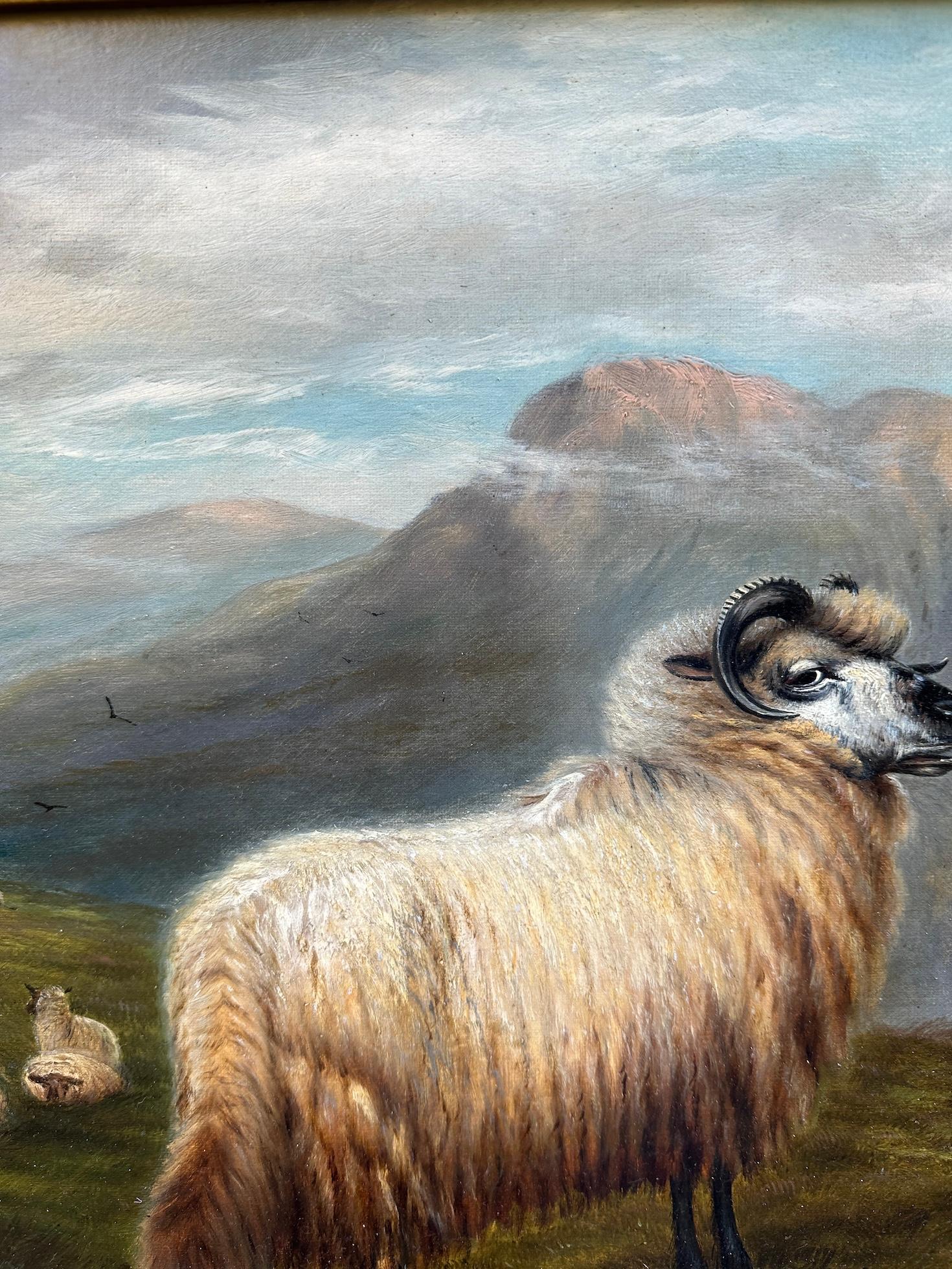 Huile du 19e siècle, moutons écossais des Highlands dans un paysage Highland Lock en vente 1