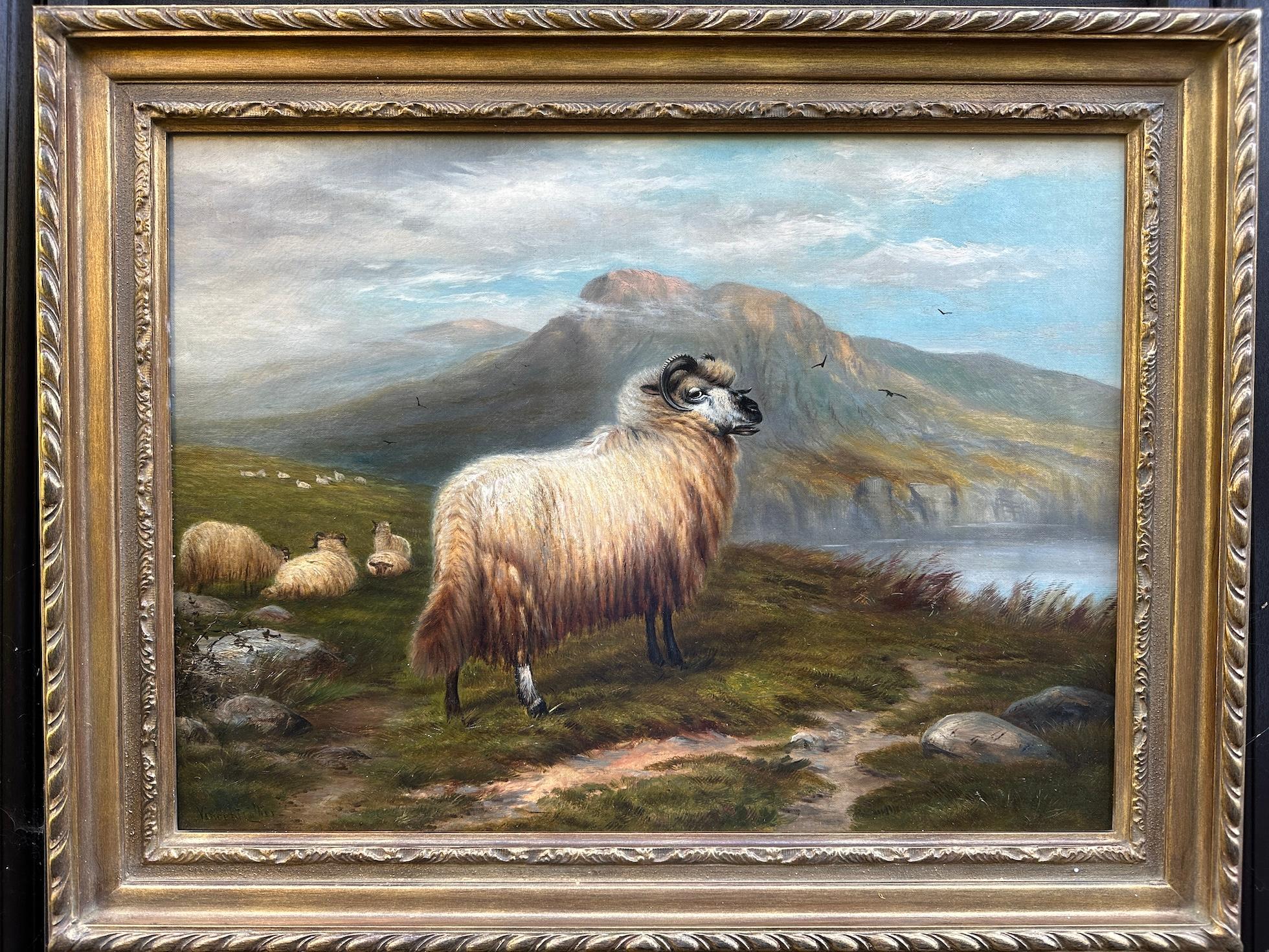 Vincent Collier Animal Painting - 19th century oil Highland Scottish sheep in a Highland Lock Landscape