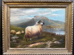Antique 19th century oil Highland Scottish sheep in a Highland Lock Landscape