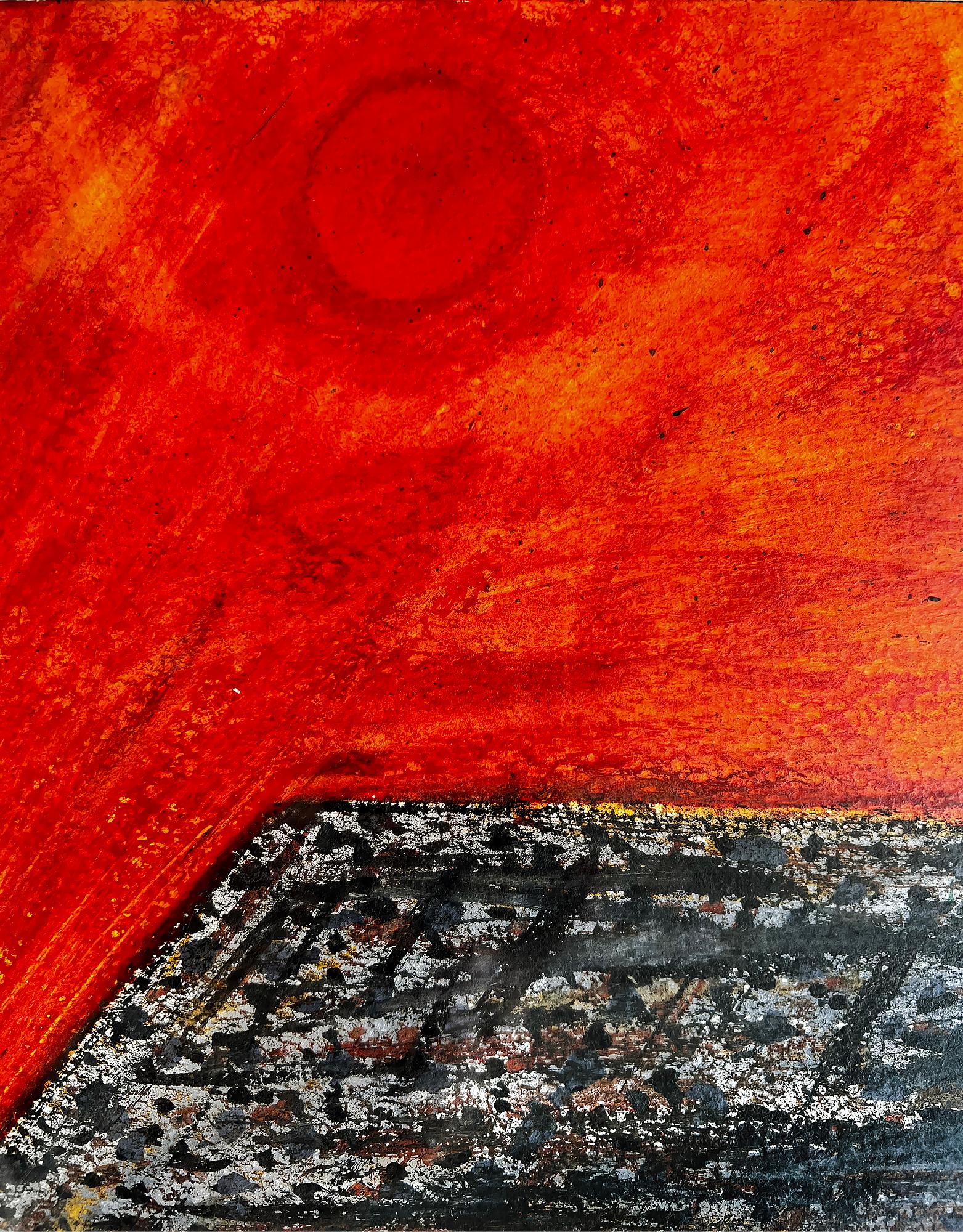 Home, African Village Scene Orange Sky, African American Artist - Painting by  Vincent D. Smith