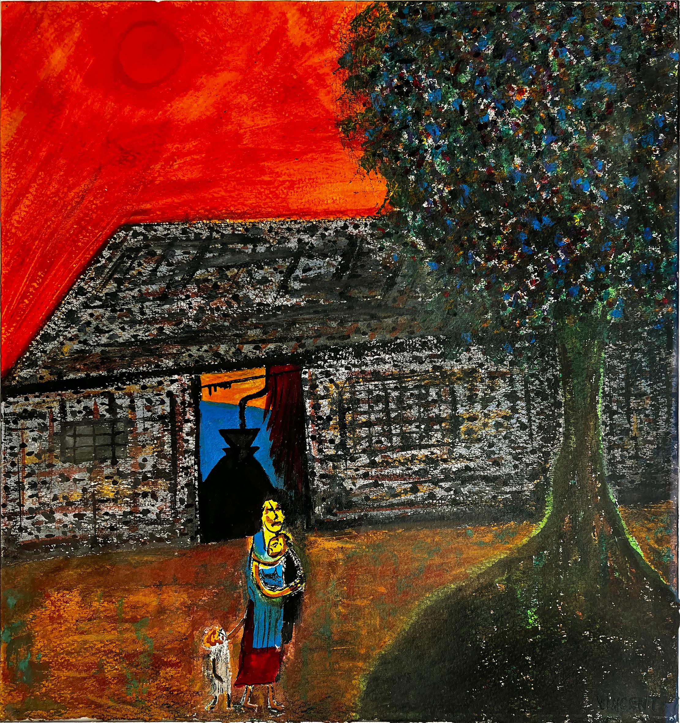  Vincent D. Smith Landscape Painting - Home, African Village Scene Orange Sky, African American Artist