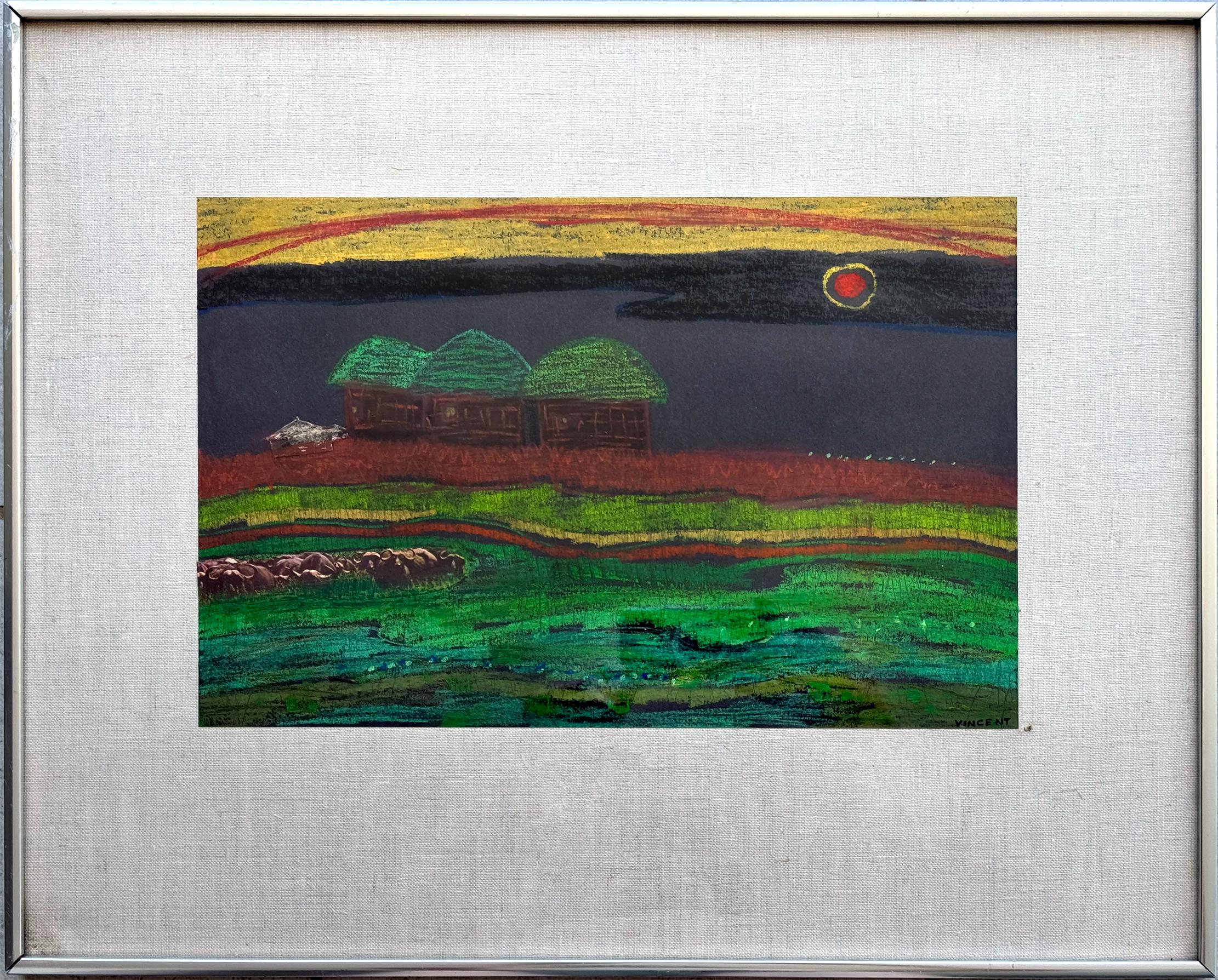 Aldea en Benín África - Artista afroamericano pinta África en la década de 1970 - Painting de  Vincent D. Smith