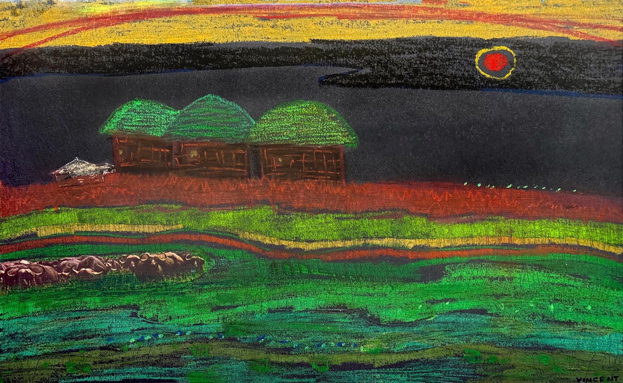 Aldea en Benín África - Artista afroamericano pinta África en la década de 1970