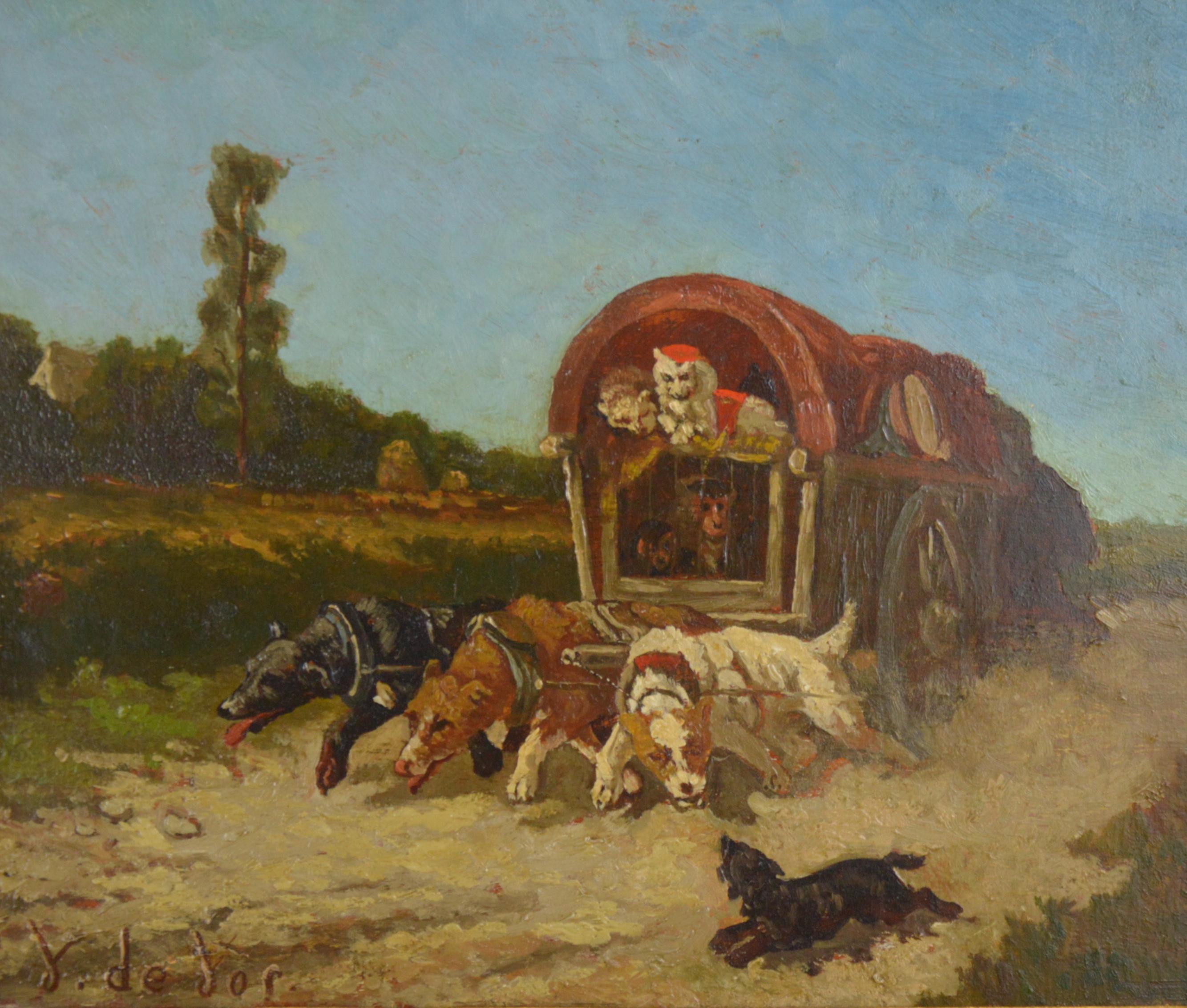 Vincent De Vos (1829-1875). Painting - carriage with a team of dogs, 19th century.
Dimensions: 31 x 25 cm (painting), 55 x 50 cm (frame). Oil on canvas.
Good condition, chips to the frame.