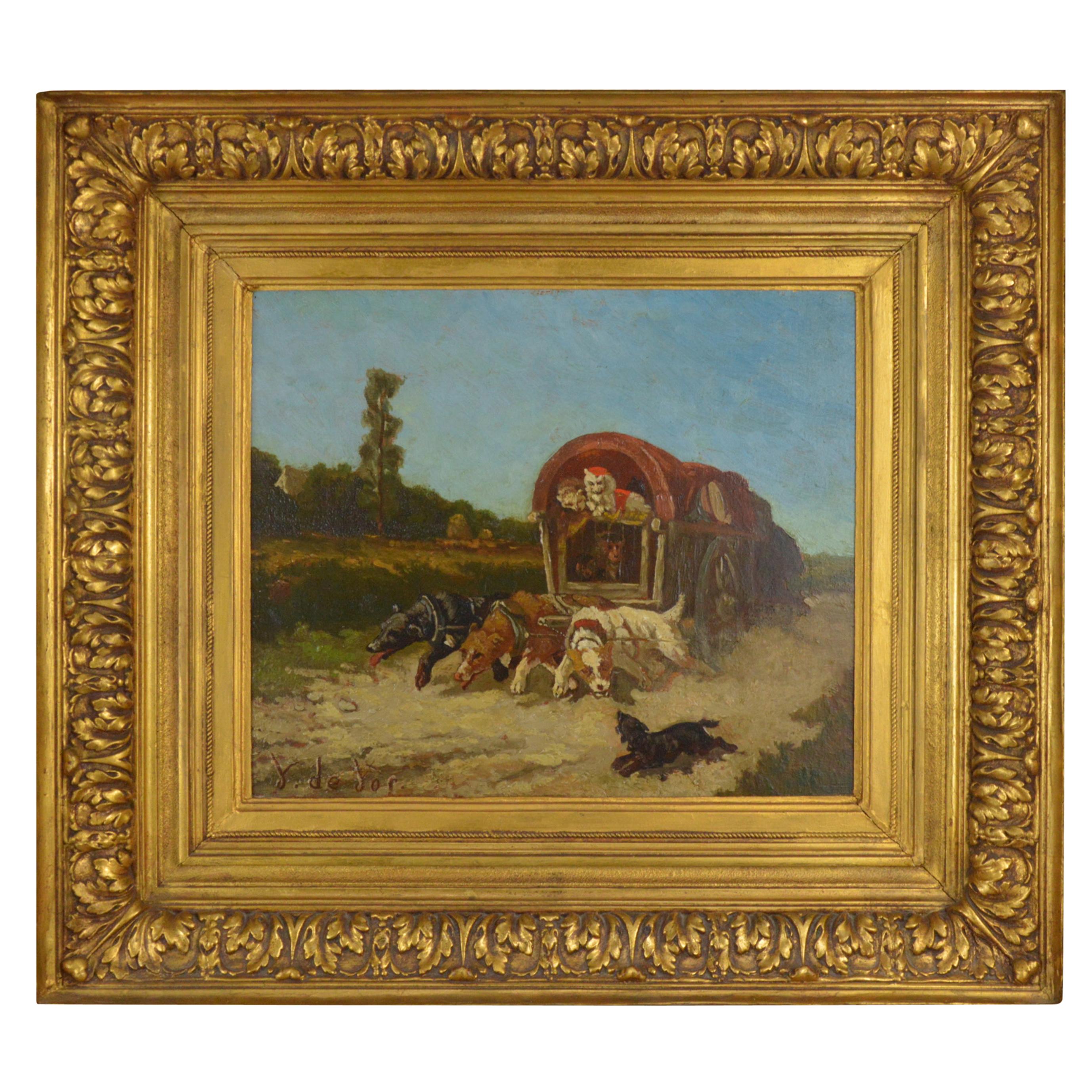 Vincent De Vos Painting Carriage with a Team of Dogs 19th Century Canvas For Sale