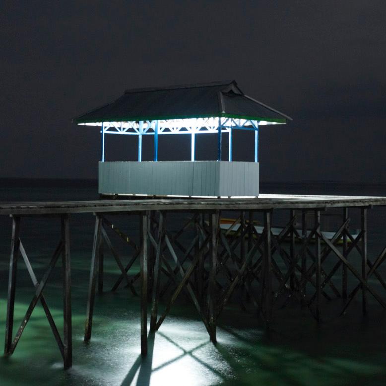 Borneo 5: stilt house architecture in dark night water landscape, Southeast Asia - Photograph by Vincent Dixon