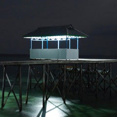Borneo 5: stilt house architecture in dark night water landscape, Southeast Asia