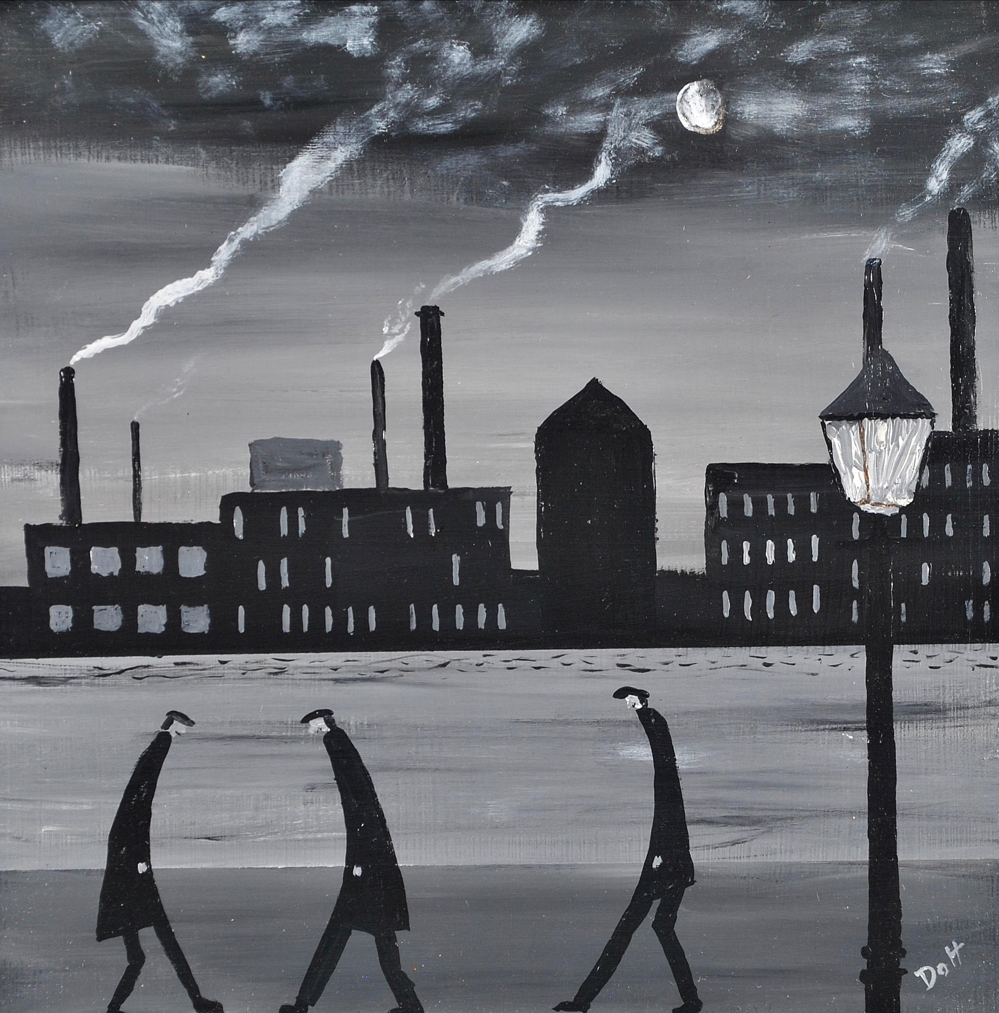 A beautiful 20th century oil on board depicting figures in an industrial Northern landscape by Vincent Dott. Excellent quality work in the manner of L.S. Lowry. Signed lower right and presented in a silver frame.

Artist: Vincent Dott (British, 20th