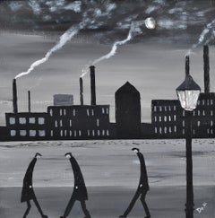 Industrielle Landschaft – Figuren in einer nördlichen Stadt, Ölgemälde auf Karton