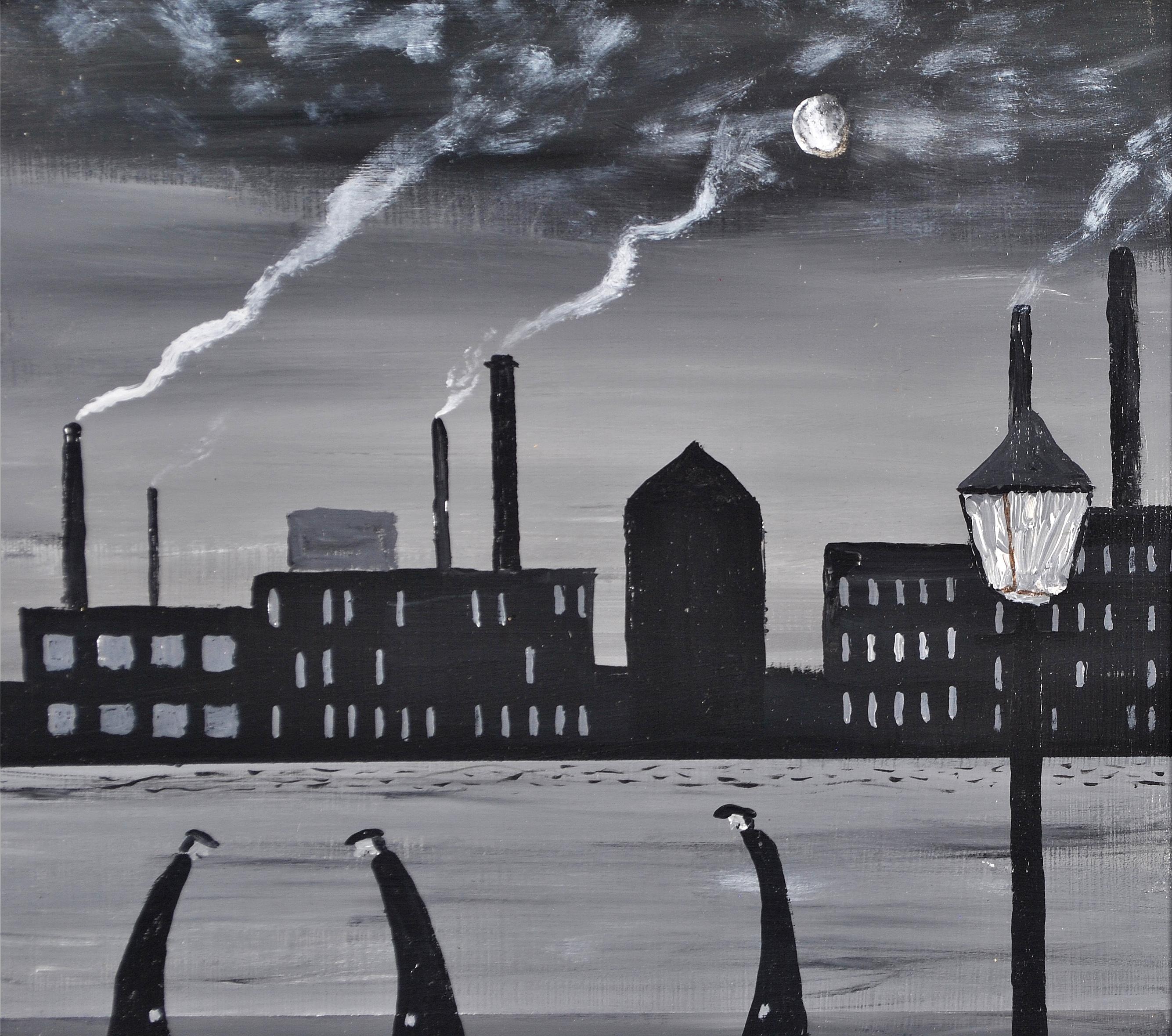 Industrial Landscape - Figures in a Northern Town Oil on Board Painting For Sale 1