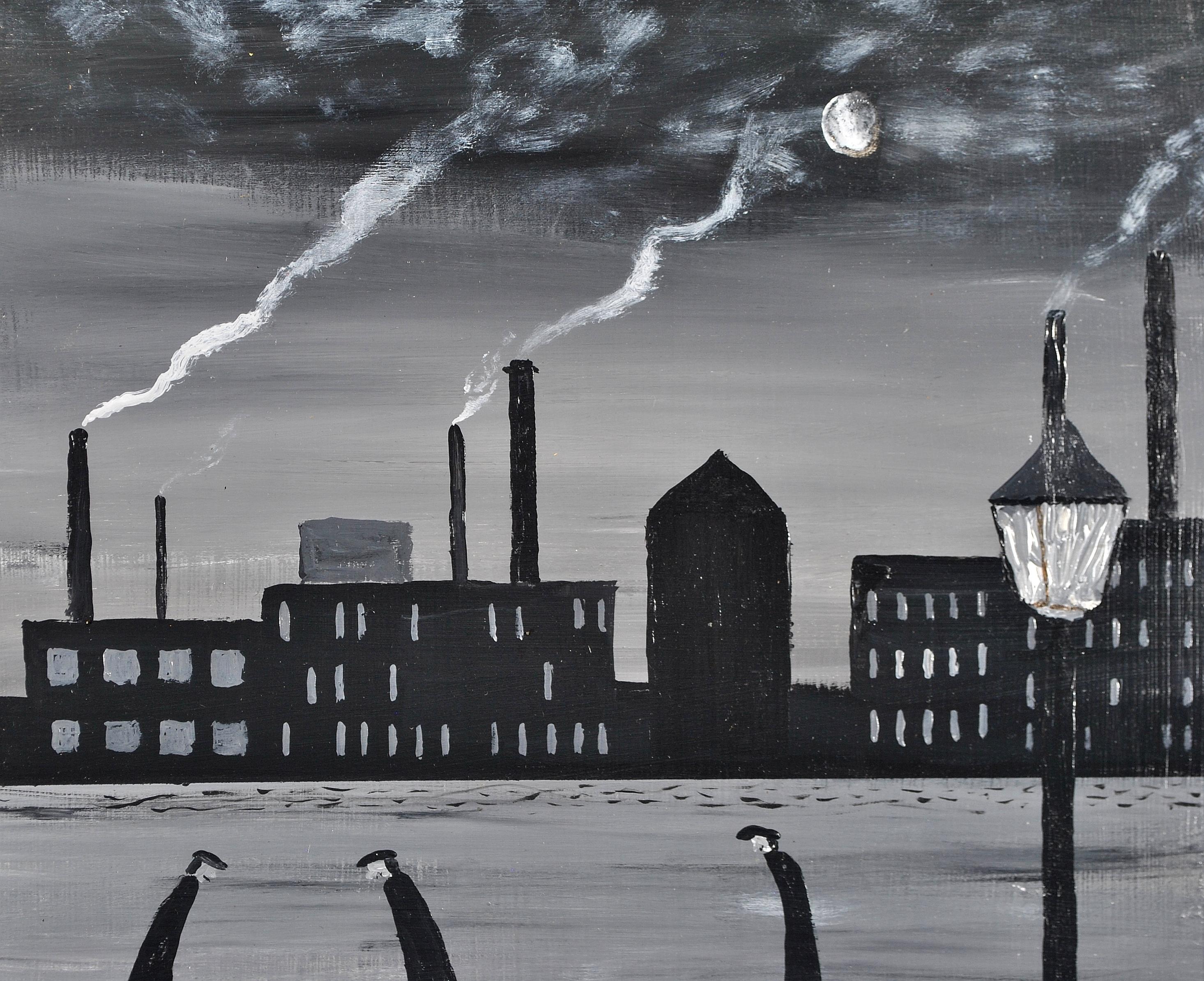 Une belle huile sur panneau du 20e siècle représentant des personnages dans un paysage industriel du Nord par Vincent Dott. Un travail d'excellente qualité à la manière de L.S. Lowry. Signée en bas à droite et présentée dans un cadre en