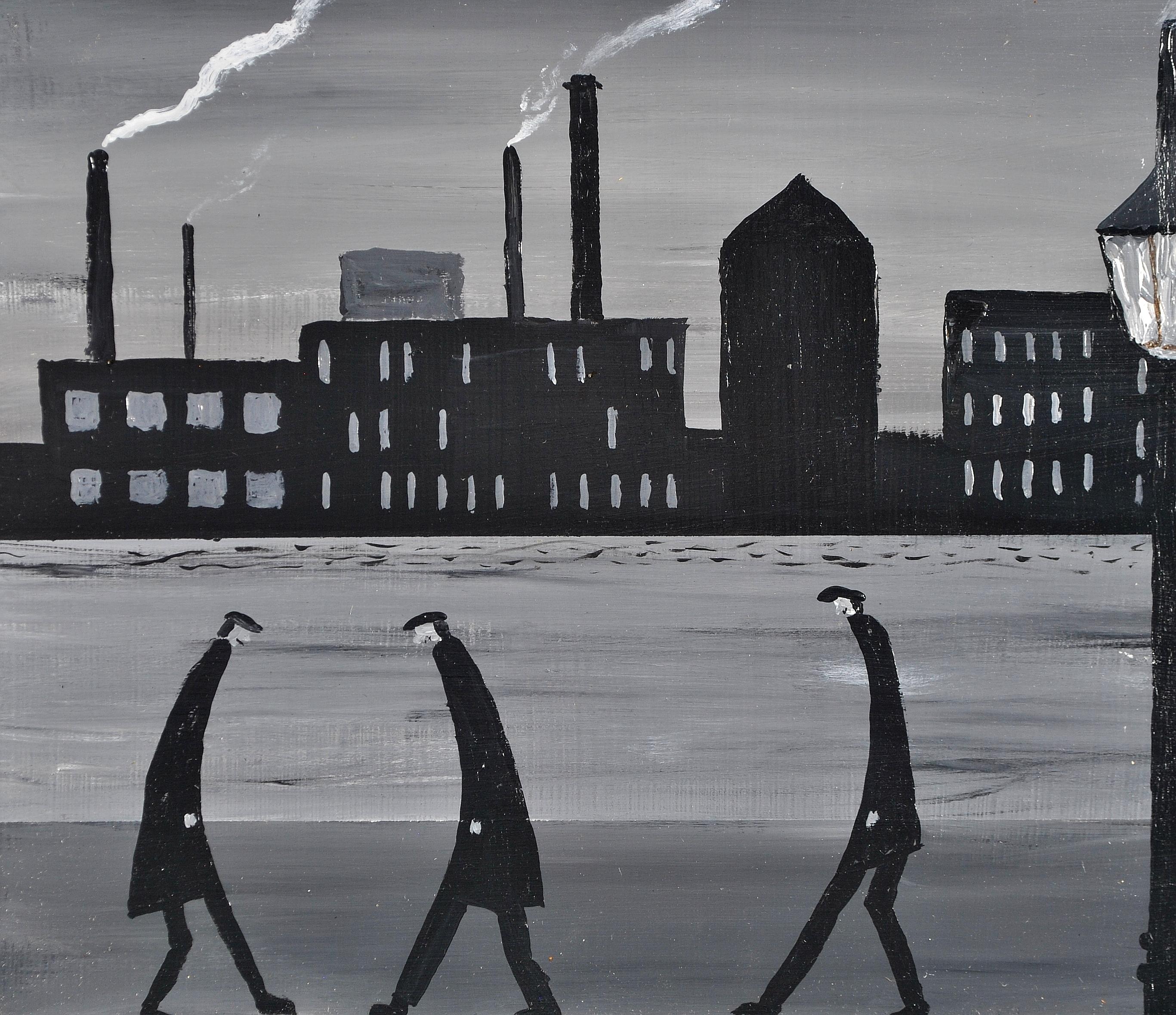 Industrial Landscape - Figures in a Northern Town Oil on Board Painting For Sale 3