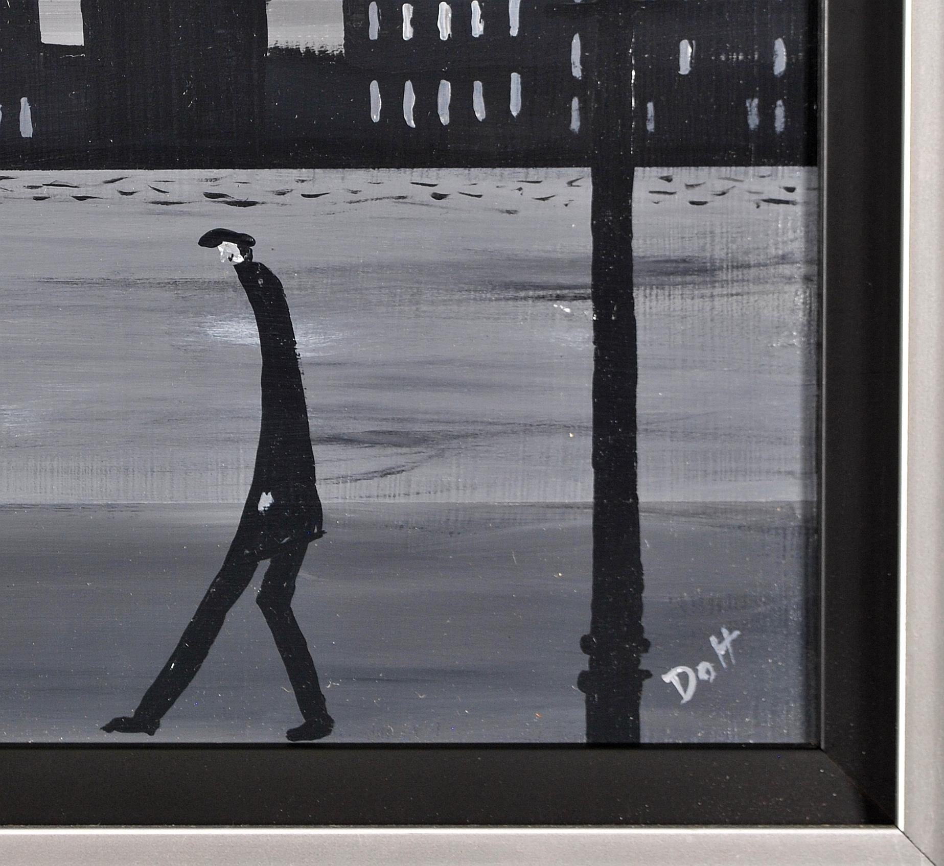 Paisaje industrial - Figuras en una ciudad del norte Pintura al óleo sobre tabla en venta 2