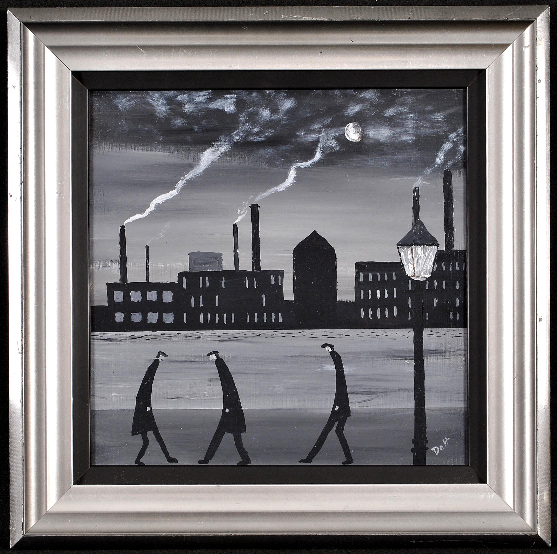 Vincent Dott Figurative Painting - Industrial Landscape - Figures in a Northern Town Oil on Board Painting