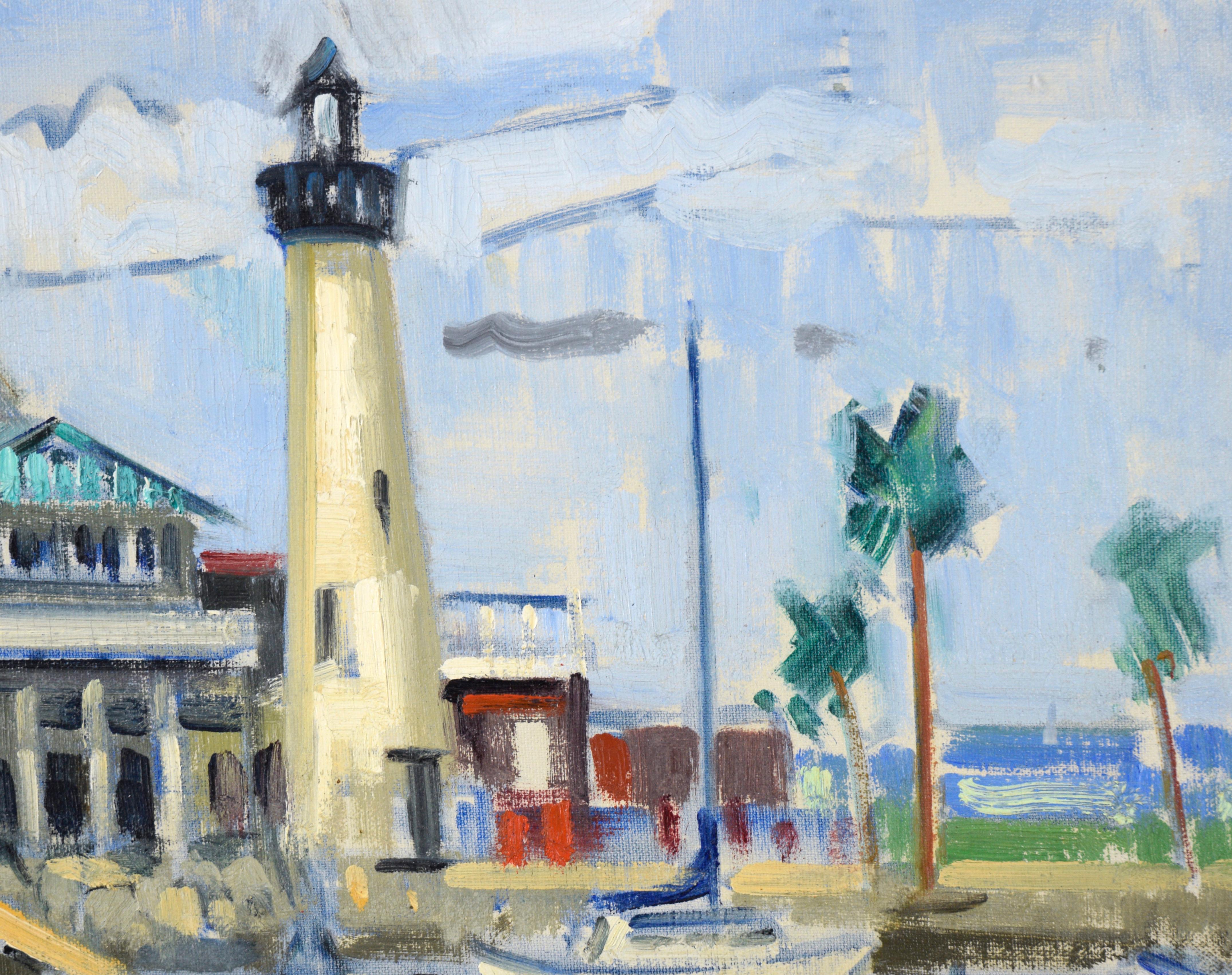 Idyllic harbor scene by Vincent Farrell (American, 1928-2008). In the center of the composition, a large building and lighthouse stand watch over the harbor. There are several boats at the docks, both to the left and right of the painting. The scene