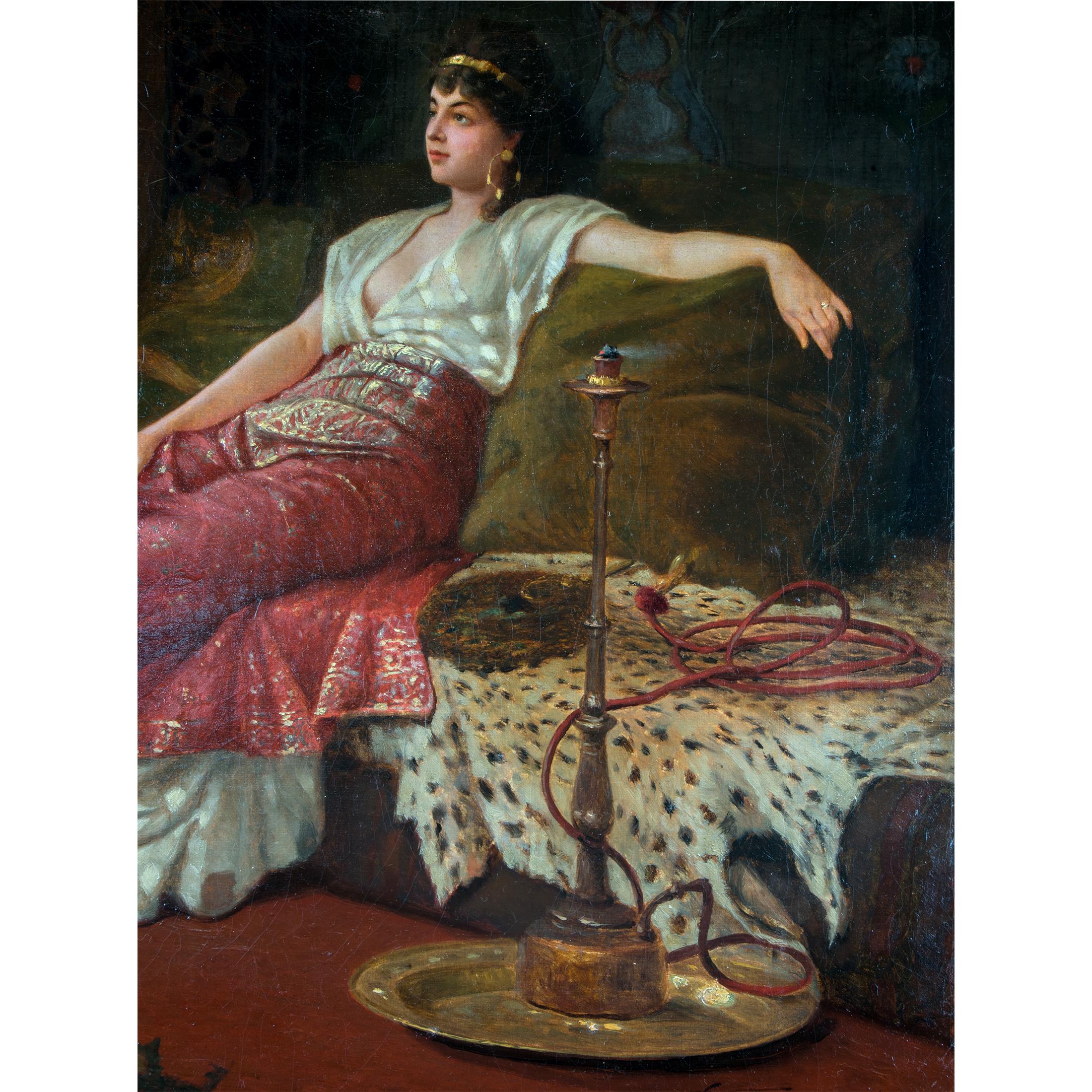 A Fine Stiepevich Orientalist Painting of a Lounging Odalisque in the Harem - Brown Portrait Painting by Vincent G. Stiepevich